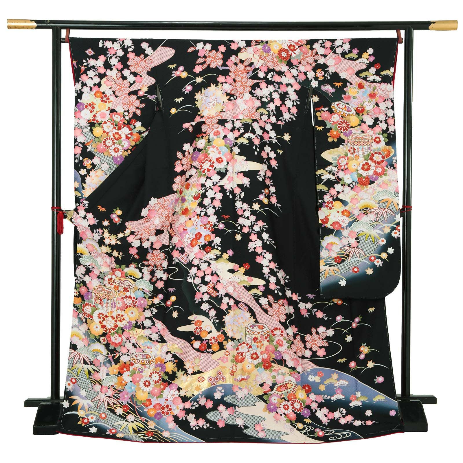 【新古品】お仕立て上がり 振袖単品 「黒地　枝垂桜に貝桶、草花」 振袖 振り袖 成人式 結婚式 結納 パーティー