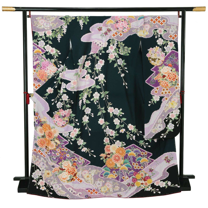 【新古品】お仕立て上がり 振袖単品 「藍鉄色地　絞りの霞、枝垂桜に辻が花模様」 トールサイズ 振袖 振り袖 成人式 結婚式 結納 パーティー