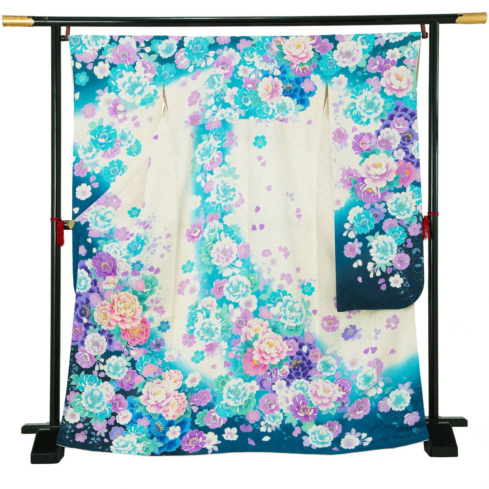 【新古品】お仕立て上がり 振袖単品 「白×ブルー　牡丹と八重桜」 振袖 振り袖 成人式 結婚式 結納 パーティー