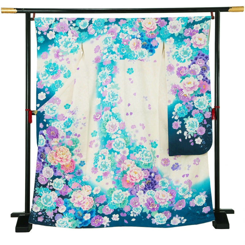 【新古品】お仕立て上がり 振袖単品 「白×ブルー　牡丹と八重桜」 振袖 振り袖 成人式 結婚式 結納 パーティー