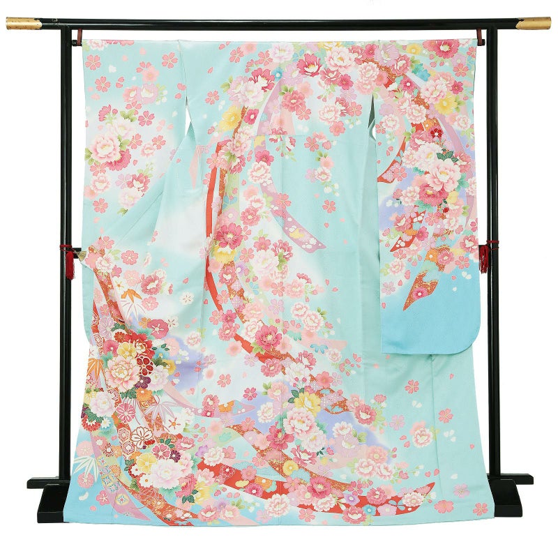 【新古品】お仕立て上がり 振袖単品 「水色×空色　束ね熨斗に桜、牡丹」 振袖 振り袖 成人式 結婚式 結納 パーティー