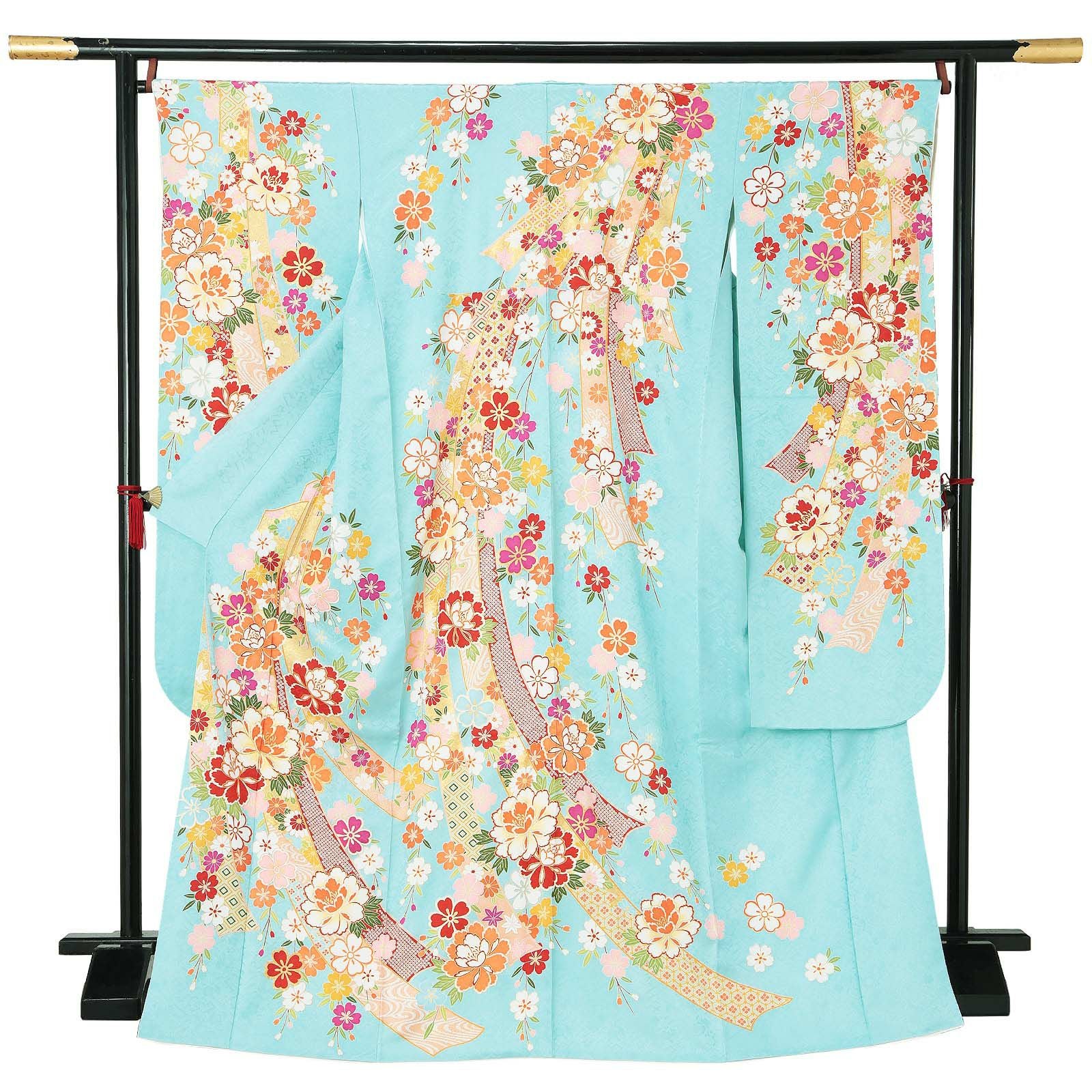 【新古品】お仕立て上がり 振袖単品 「水色　束ね熨斗に枝垂桜、牡丹」 振袖 振り袖 成人式 結婚式 結納 パーティー