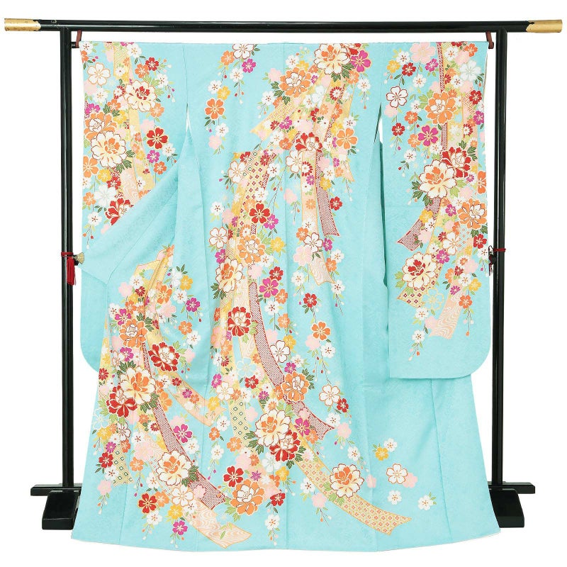 【新古品】お仕立て上がり 振袖単品 「水色　束ね熨斗に枝垂桜、牡丹」 振袖 振り袖 成人式 結婚式 結納 パーティー