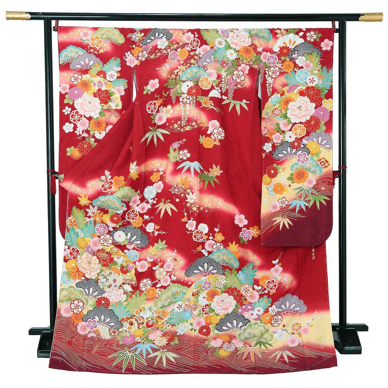 【新古品】お仕立て上がり 振袖単品 「深緋　扇に松、牡丹」 トールサイズ IKKO 振袖 振り袖 ブランド 成人式 結婚式 結納 パーティー