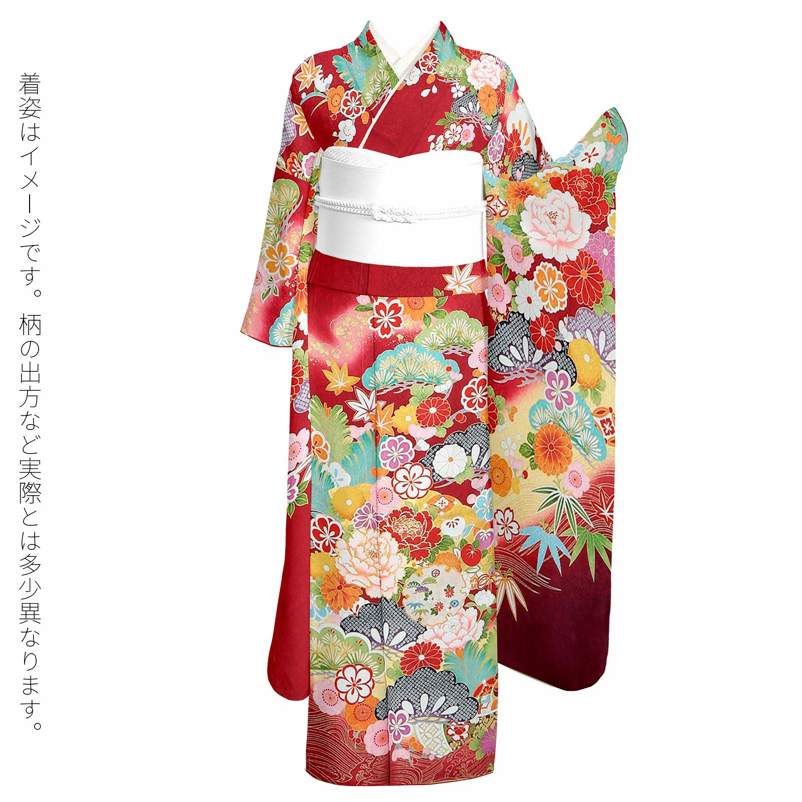 新古品】お仕立て上がり 振袖単品 「深緋 扇に松、牡丹」 トールサイズ