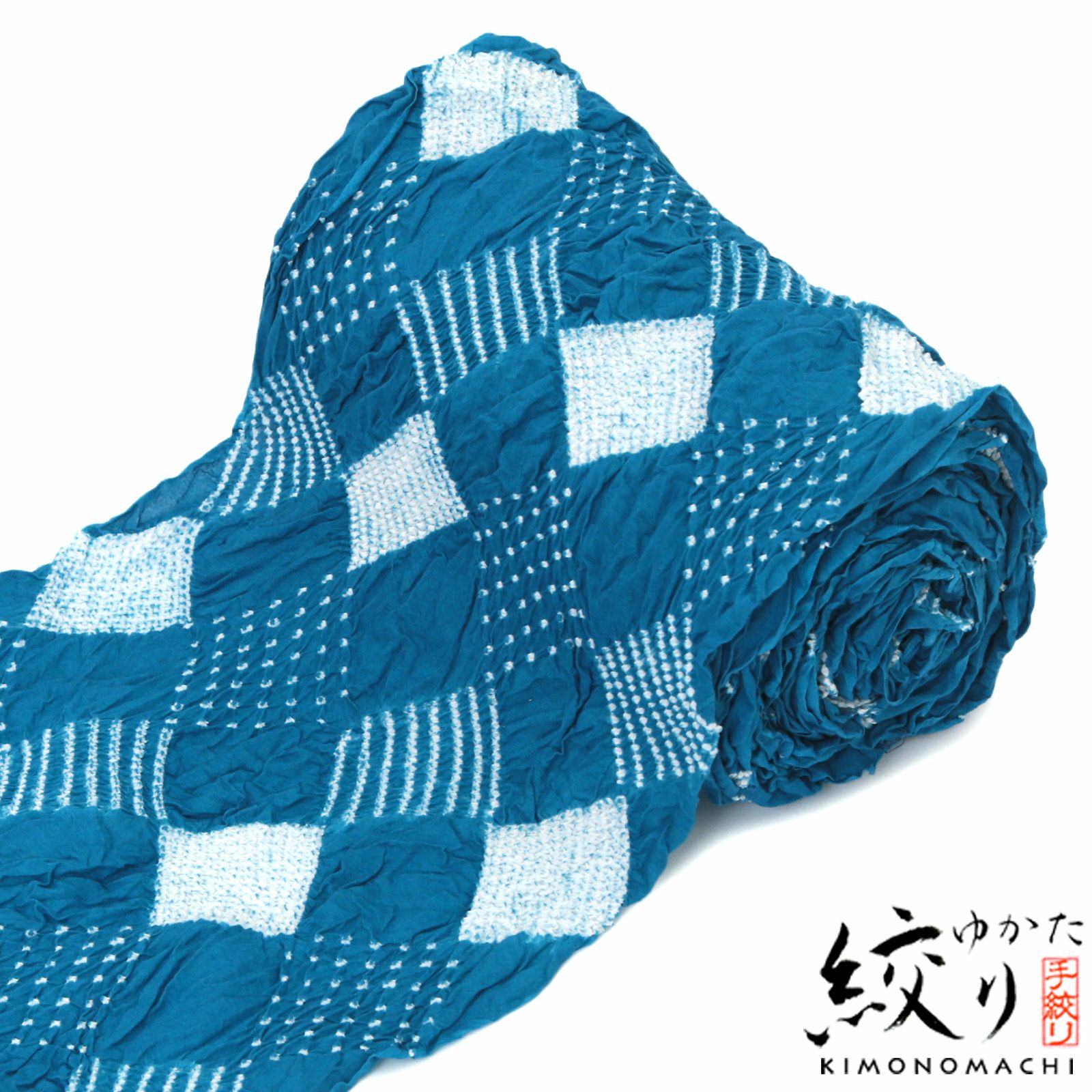 絞り浴衣反物 「パッチワーク 青グリーン」 女性浴衣 レディース浴衣 絞り浴衣 綿浴衣 未仕立て