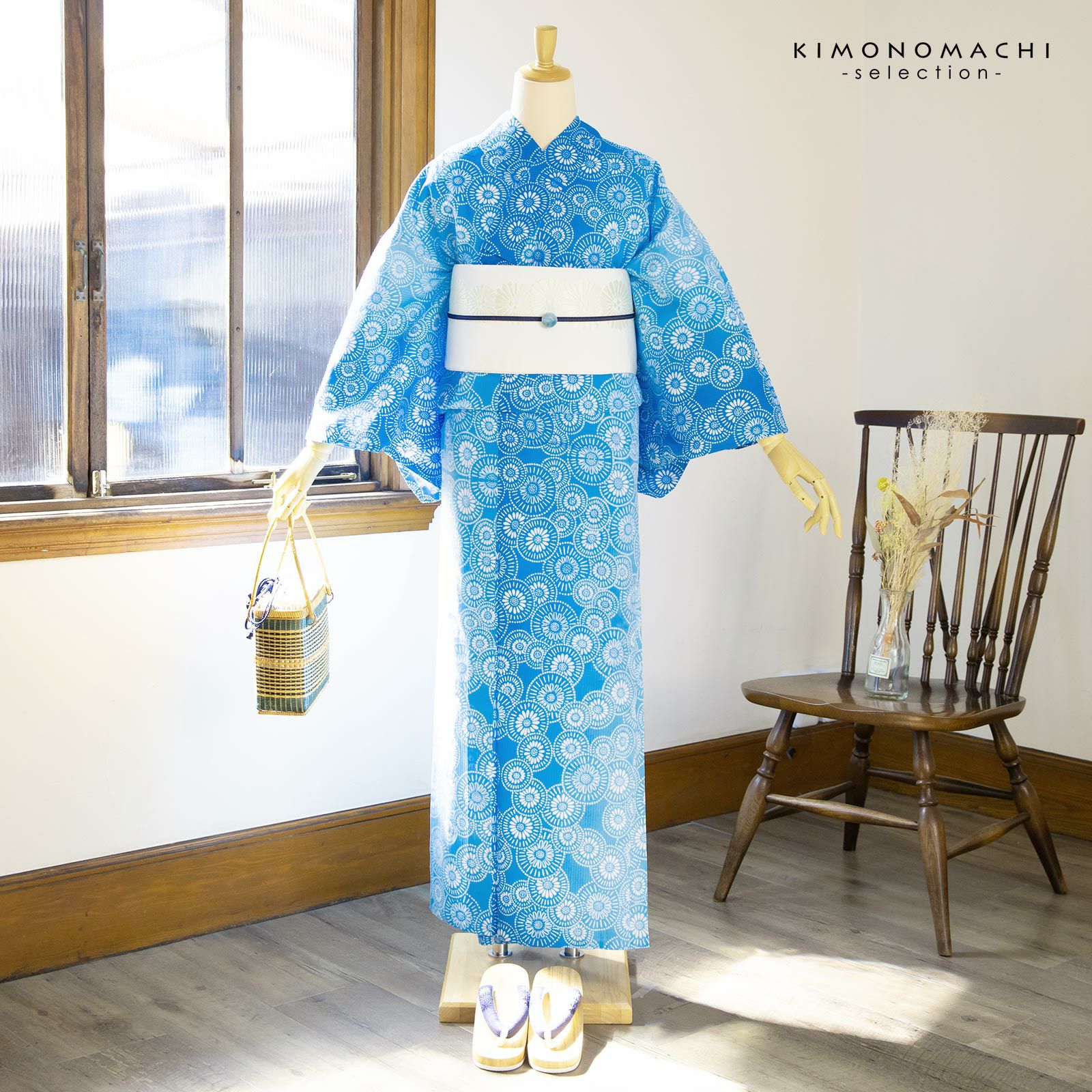 m.mikoma 三勝 高級変わり織浴衣☆白地に蔦と彩りの小菊柄 新品 浴衣 三勝 レディース 単品 お仕立て上がり浴衣 プレタ 「青×水色 菊花