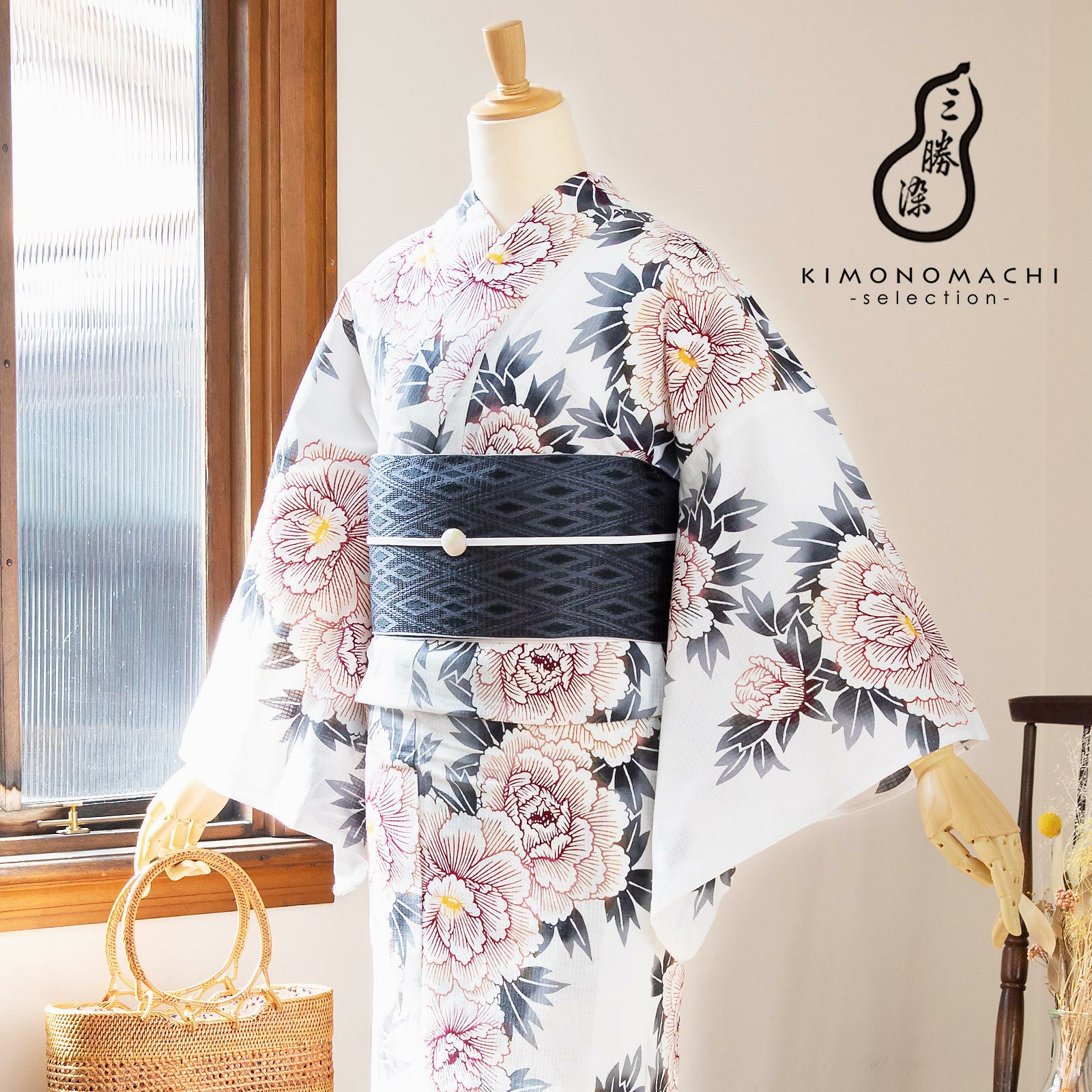 浴衣 三勝 レディース 単品 お仕立て上がり浴衣 プレタ 「白地　牡丹、臙脂」 Mサイズ シック 大人 モダン 粋 古典 ゆかた 女性 ブランド ブランド浴衣 花火大会 夏祭り