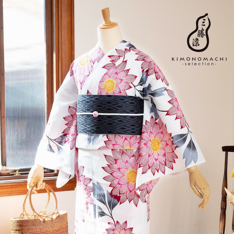 浴衣 三勝 レディース 単品 お仕立て上がり浴衣 プレタ 「白地　蓮華文、赤」 Mサイズ シック 大人 モダン 粋 古典 ゆかた 女性 ブランド ブランド浴衣 花火大会 夏祭り