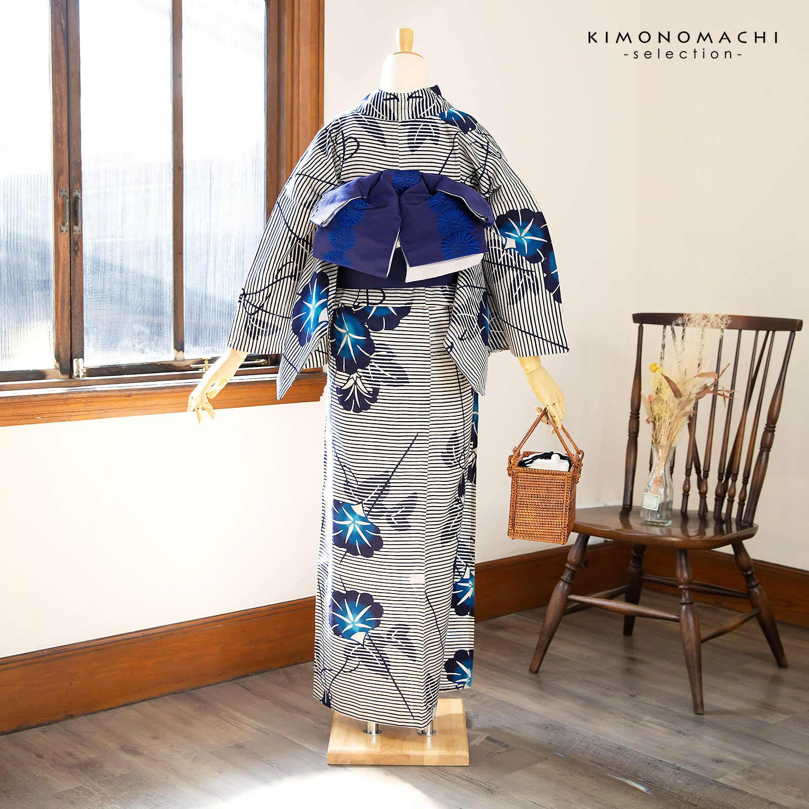 浴衣 レディース 単品 お仕立て上がり浴衣 プレタ 「生成り色×紺 朝顔