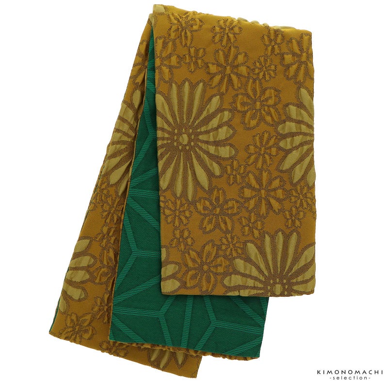 半幅帯 小袋帯 浴衣 帯 「菊　ふくれ織　黄」 膨れ織り 半巾帯 リバーシブル レディース 女性用 浴衣や夏着物に 半幅帯単品