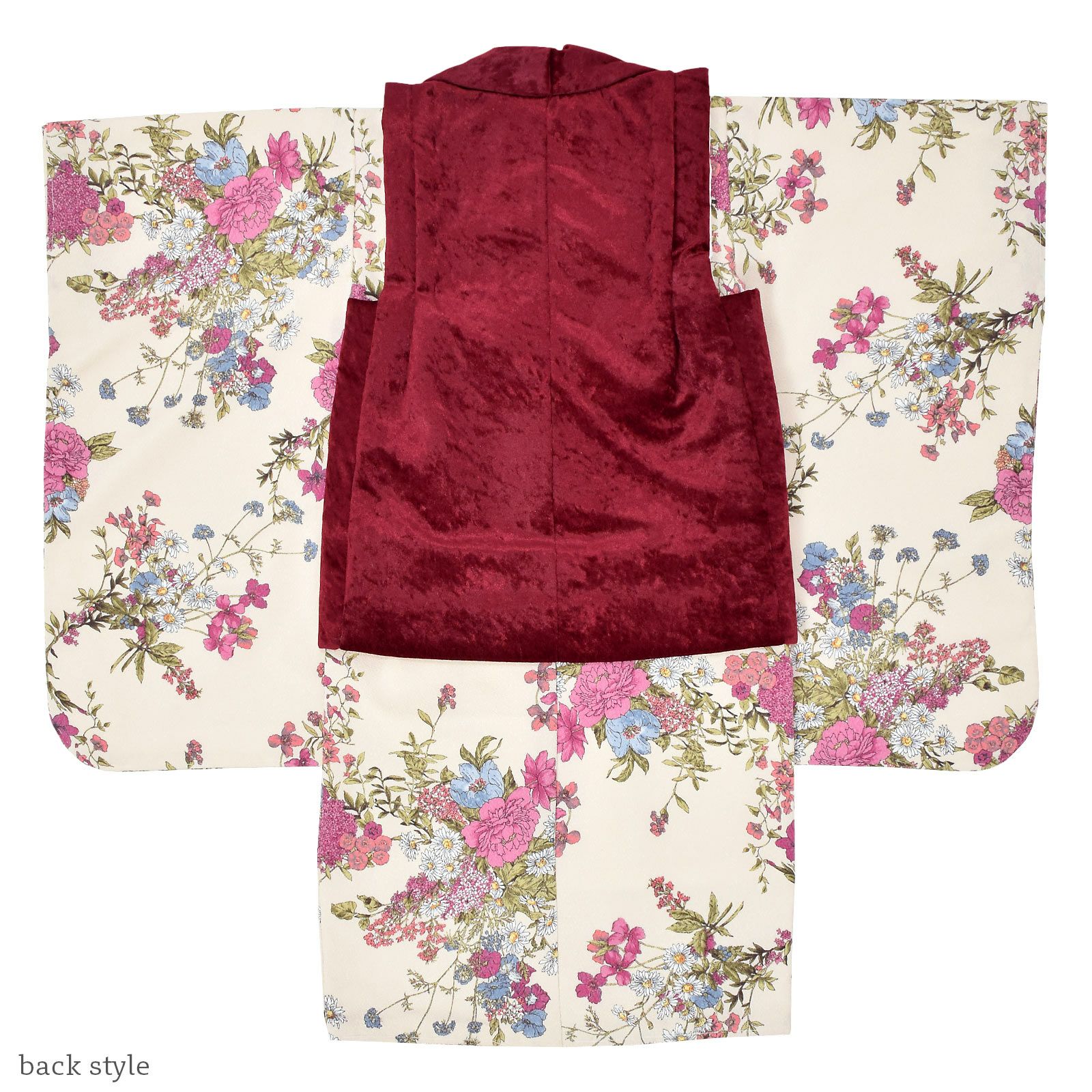 七五三 着物 3歳 女の子 被布セット 「ガーネット ベージュ、ブーケ