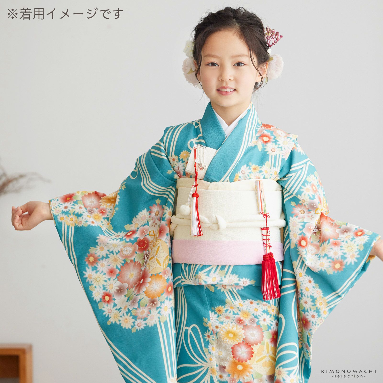 専用☆薄いブルーに大きな花薬玉が素敵☆七五三７歳フルセット 七五三 7歳 四つ身着物フルセット 「花薬玉 ブルー」 女の子 7才 女児