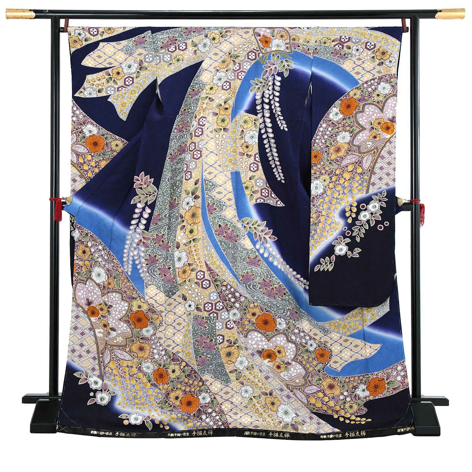 新古品】お仕立て上がり 振袖単品 「紺藍 辻が花、束ね熨斗」 振り袖