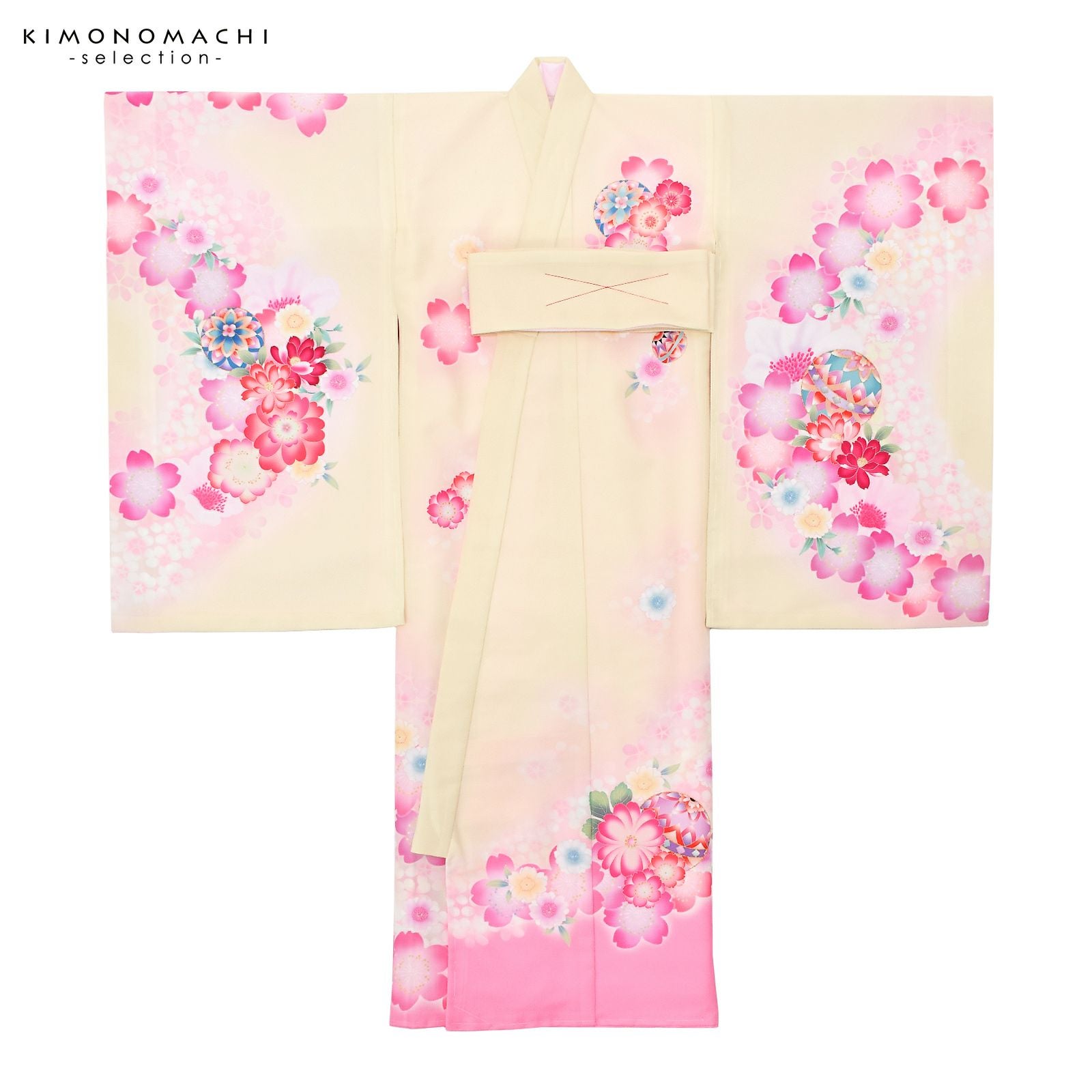 七五三＊女の子 御所解き模様 ピンク 正絹 祝着に＊子供着物 8RM1 女の子のお宮参り産着 祝い着 「クリーム×ピンク 鈴に桜」 一つ身 一ツ