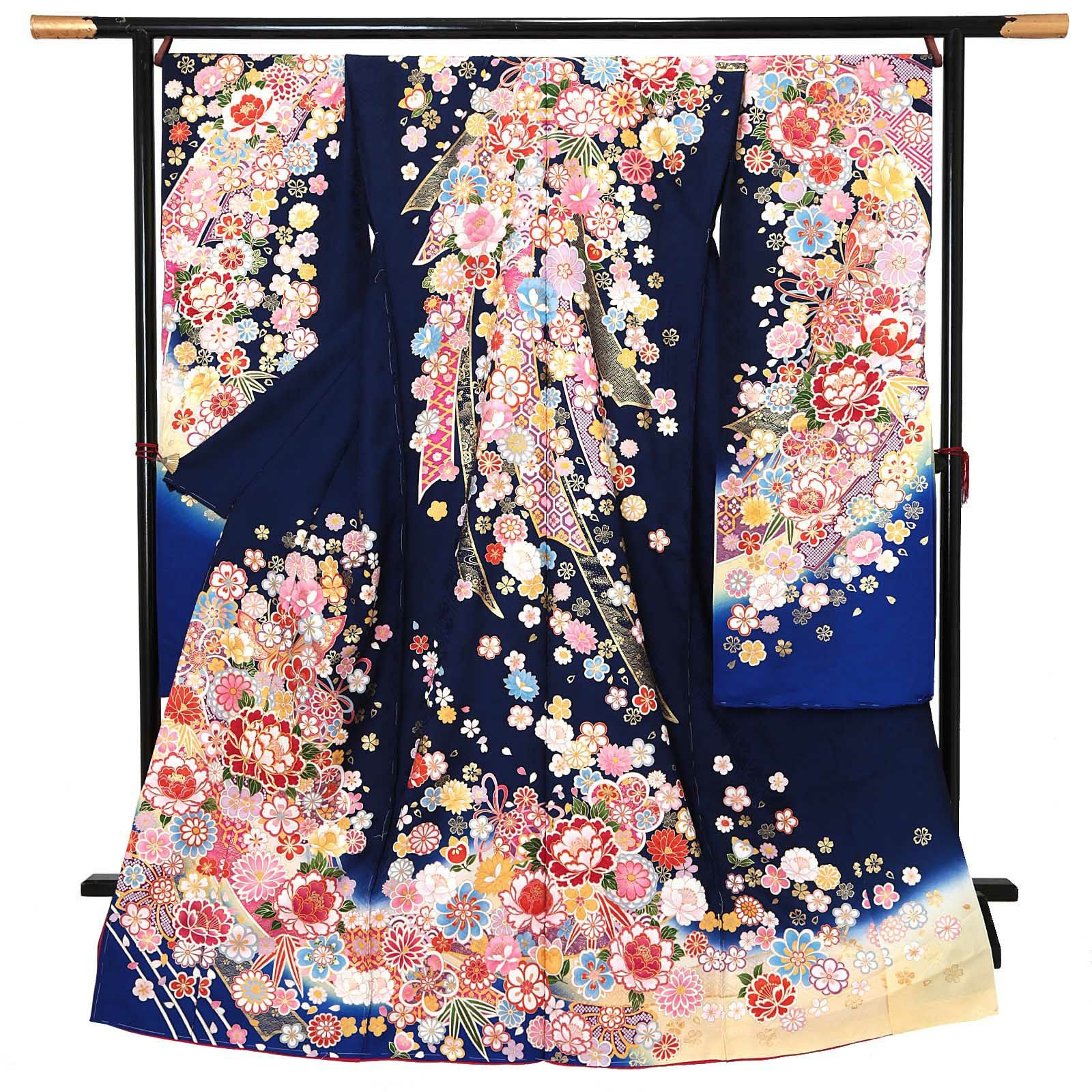 卒業式応援Point10倍 3/5迄)未仕立て 振袖 単品 「鉄紺色 鈴に牡丹