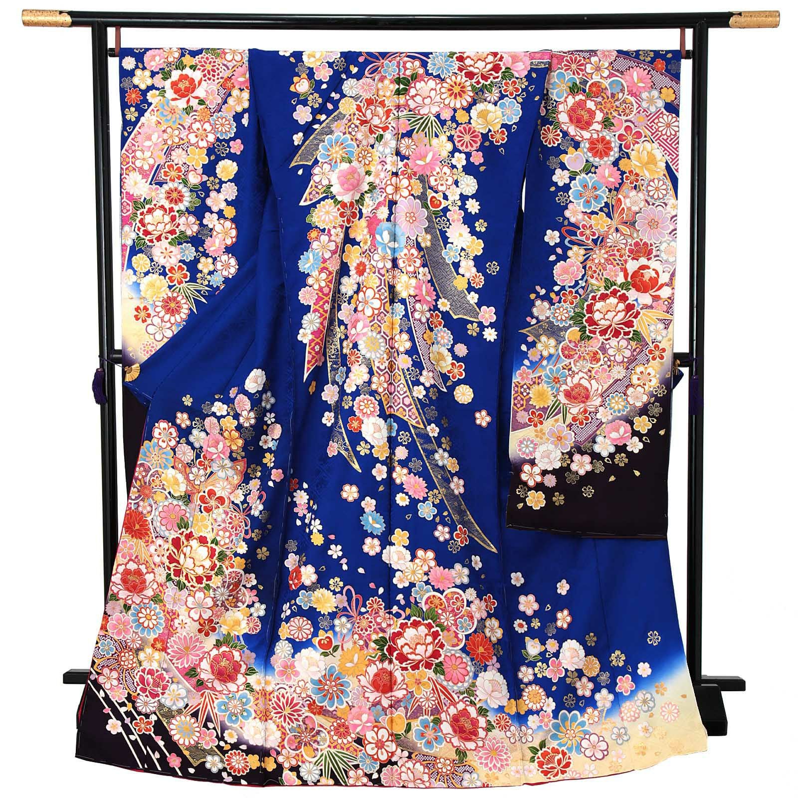新品、正絹仮絵羽振袖 未仕立て 振袖 単品 「瑠璃紺色 鈴に牡丹」 仮絵羽 振り袖 正絹 着物