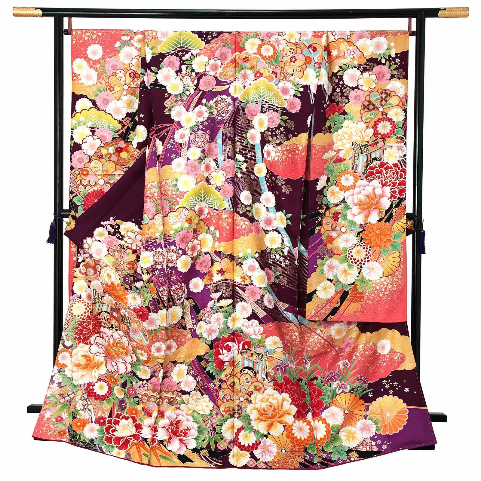 未仕立て 振袖 単品 「濃紫色　御所車に牡丹」 仮絵羽 振り袖 正絹 着物 レディース 成人式 結婚式 結納 パーティー 晴れ着