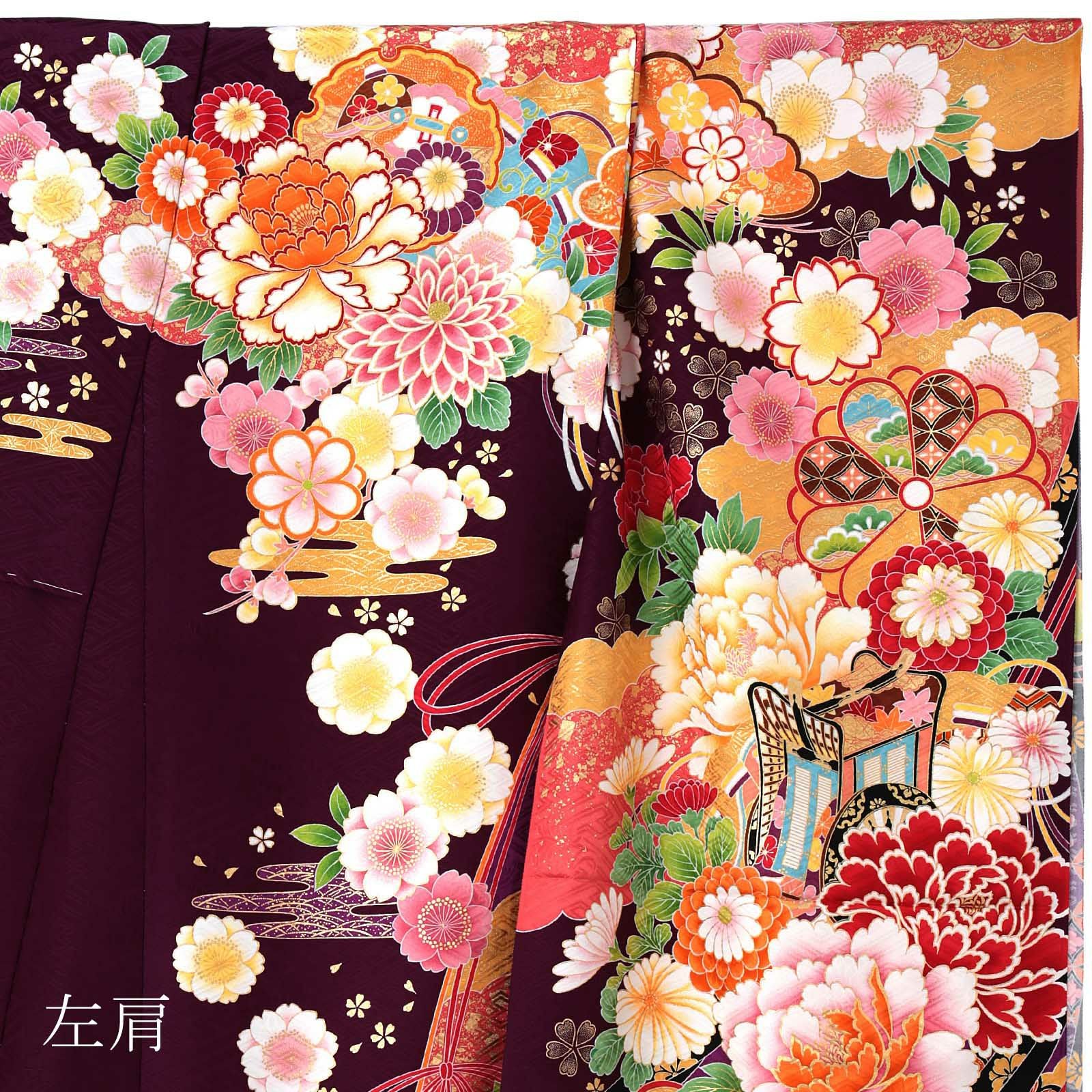 未仕立て 振袖 単品 「濃紫色 御所車に牡丹」 仮絵羽 振り袖 正絹 着物