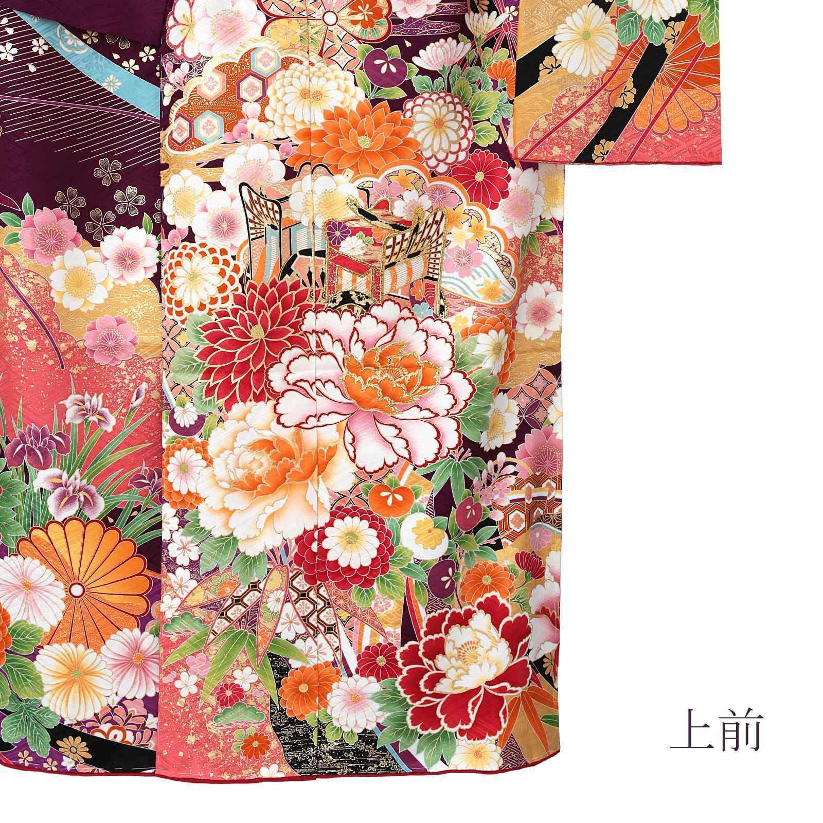 未仕立て 振袖 単品 「濃紫色 御所車に牡丹」 仮絵羽 振り袖 正絹 着物
