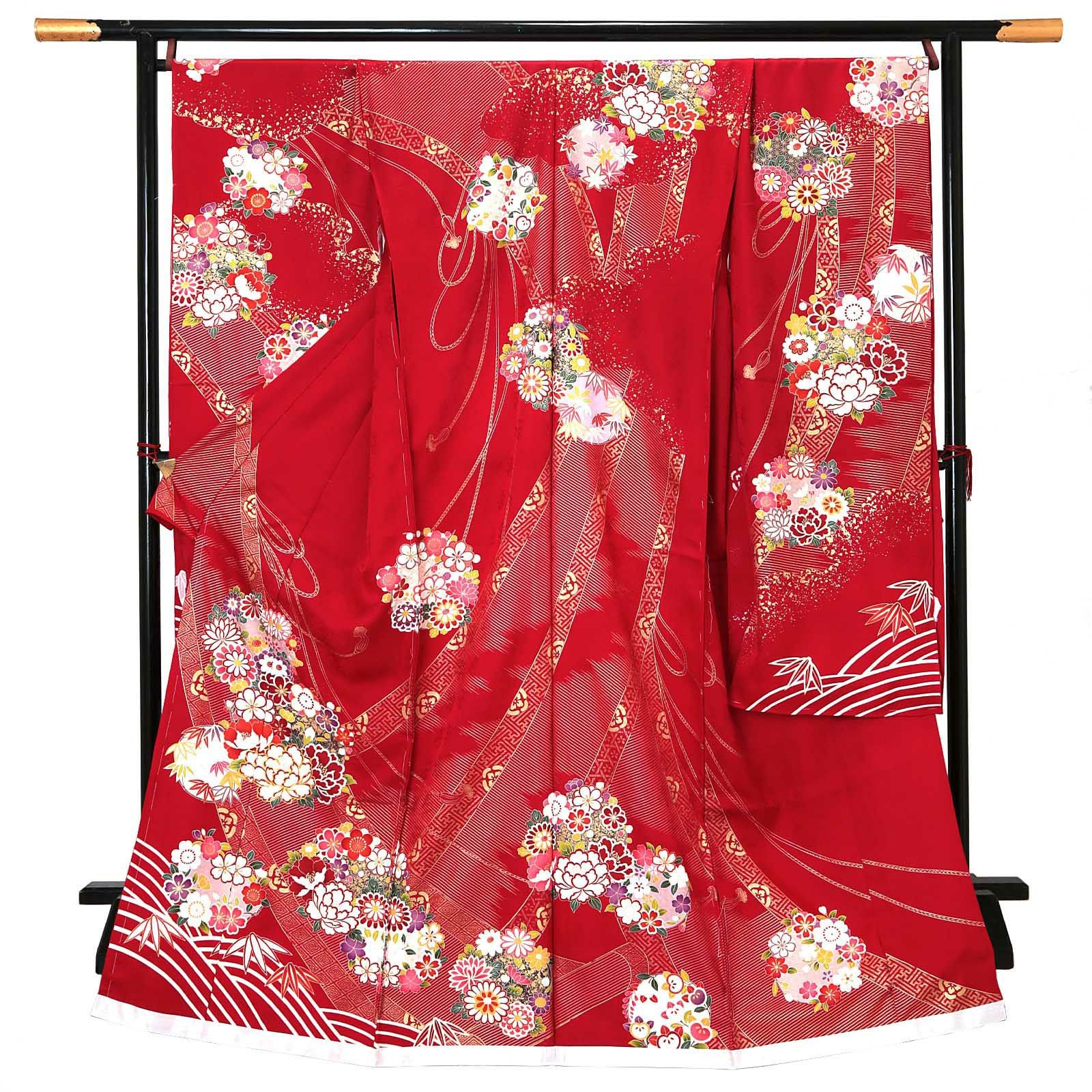 卒業式応援Point10倍 3/5迄)未仕立て 振袖 単品 「赤地 御簾に花の丸
