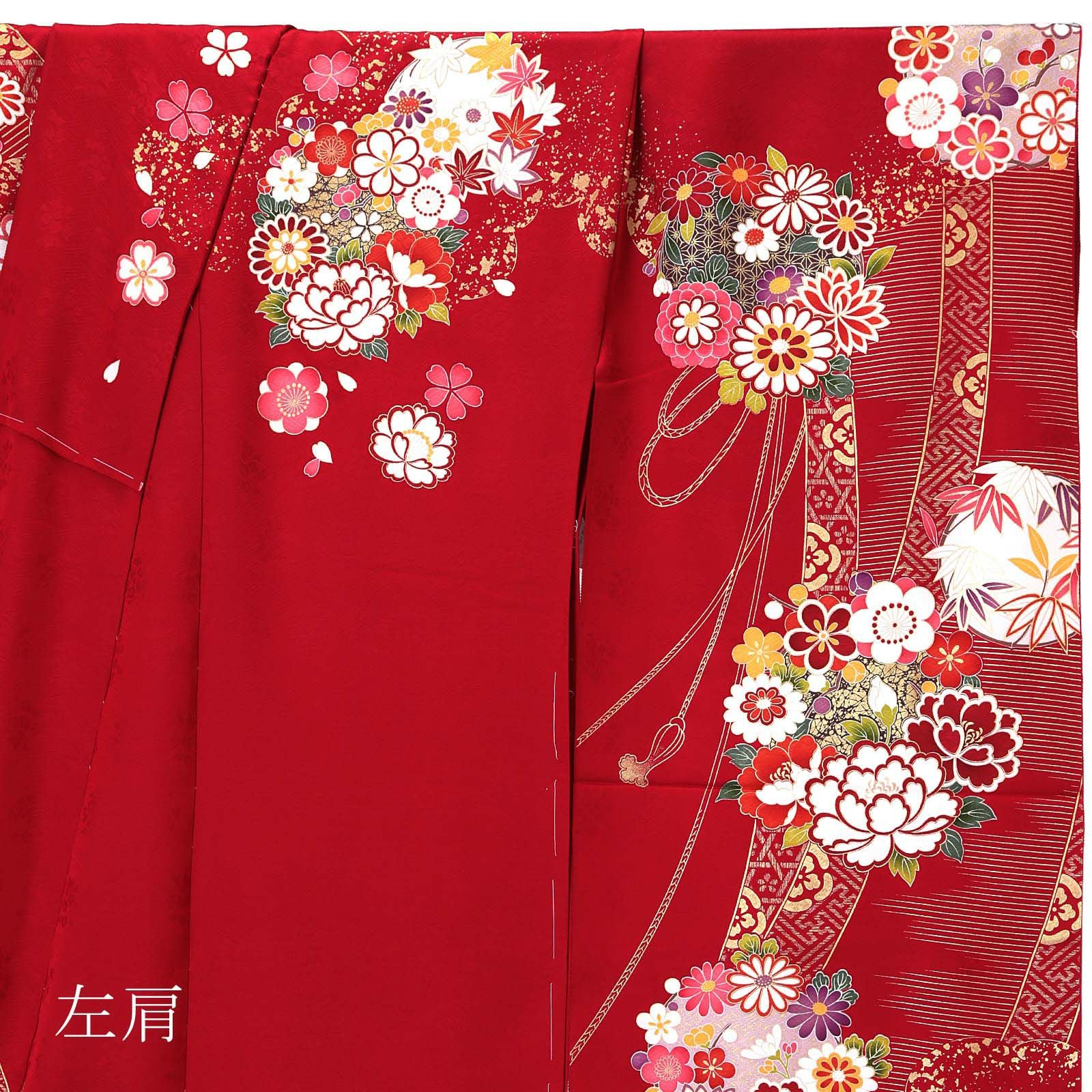 未仕立て 振袖 単品 「赤地 御簾に花の丸」 仮絵羽 振り袖 正絹 着物
