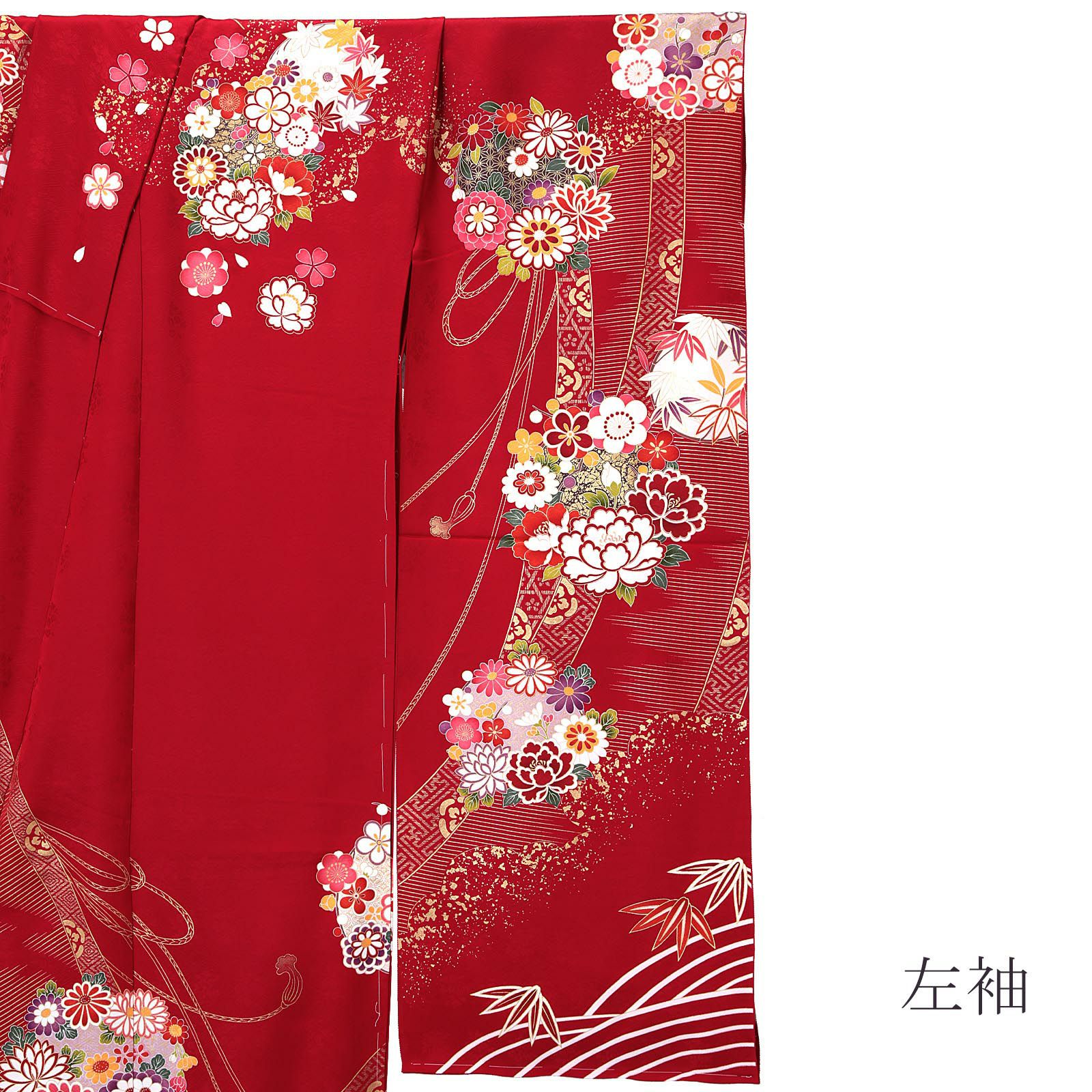 未仕立て 振袖 単品 「赤地 御簾に花の丸」 仮絵羽 振り袖 正絹 着物
