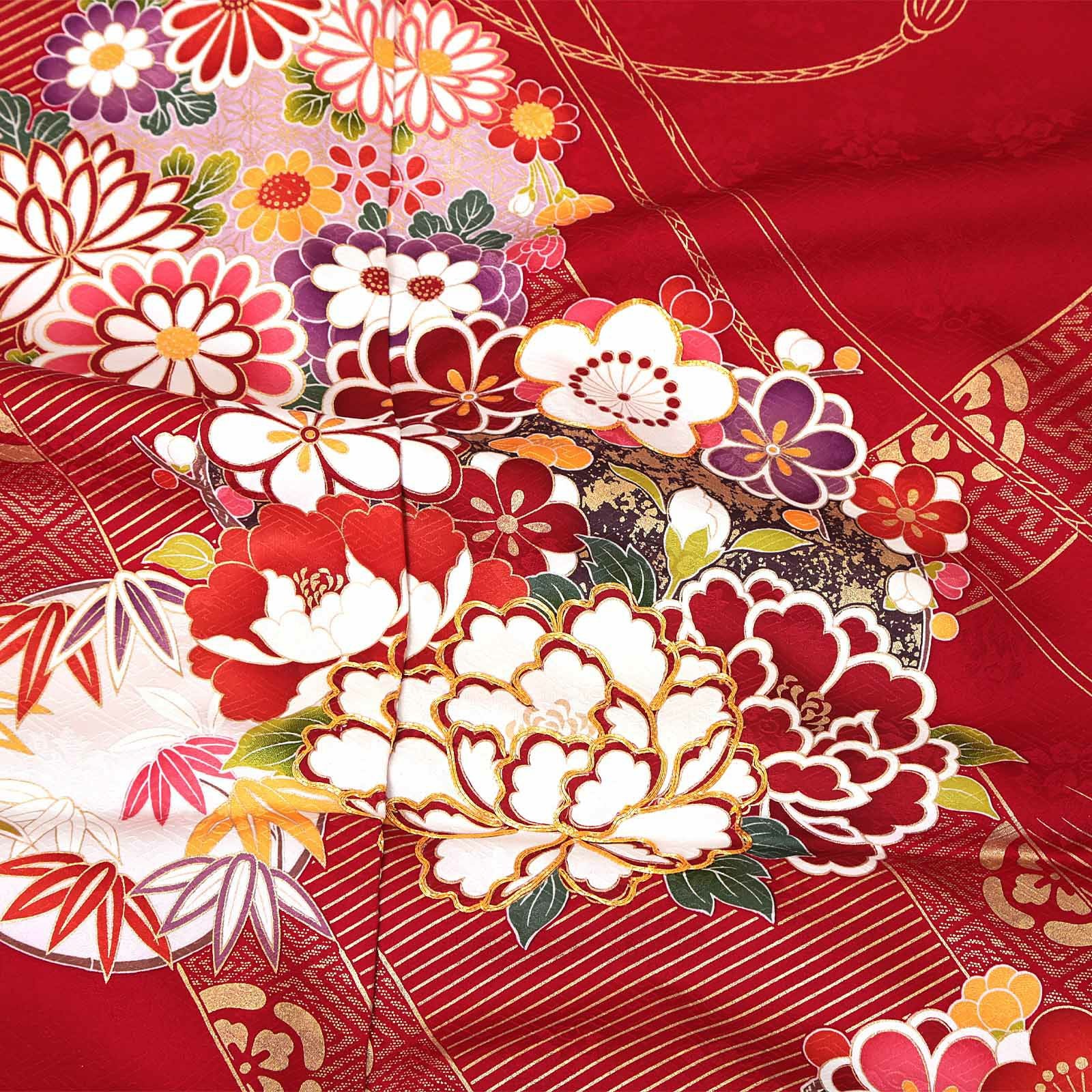 未仕立て 振袖 単品 「赤地 御簾に花の丸」 仮絵羽 振り袖 正絹 着物