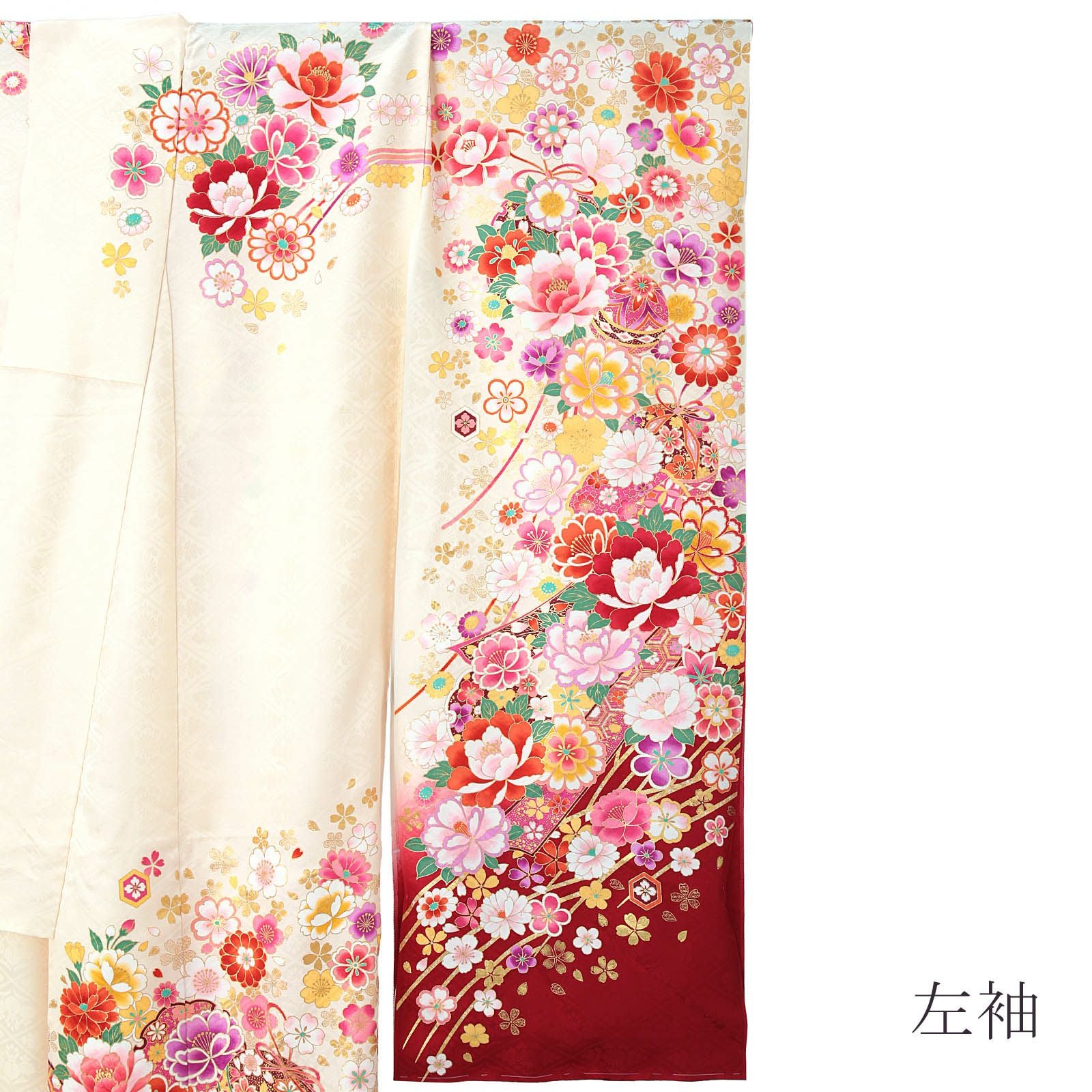 未仕立て 振袖 単品 「生成り色 牡丹に雪輪、桜」 仮絵羽 振り袖 正絹