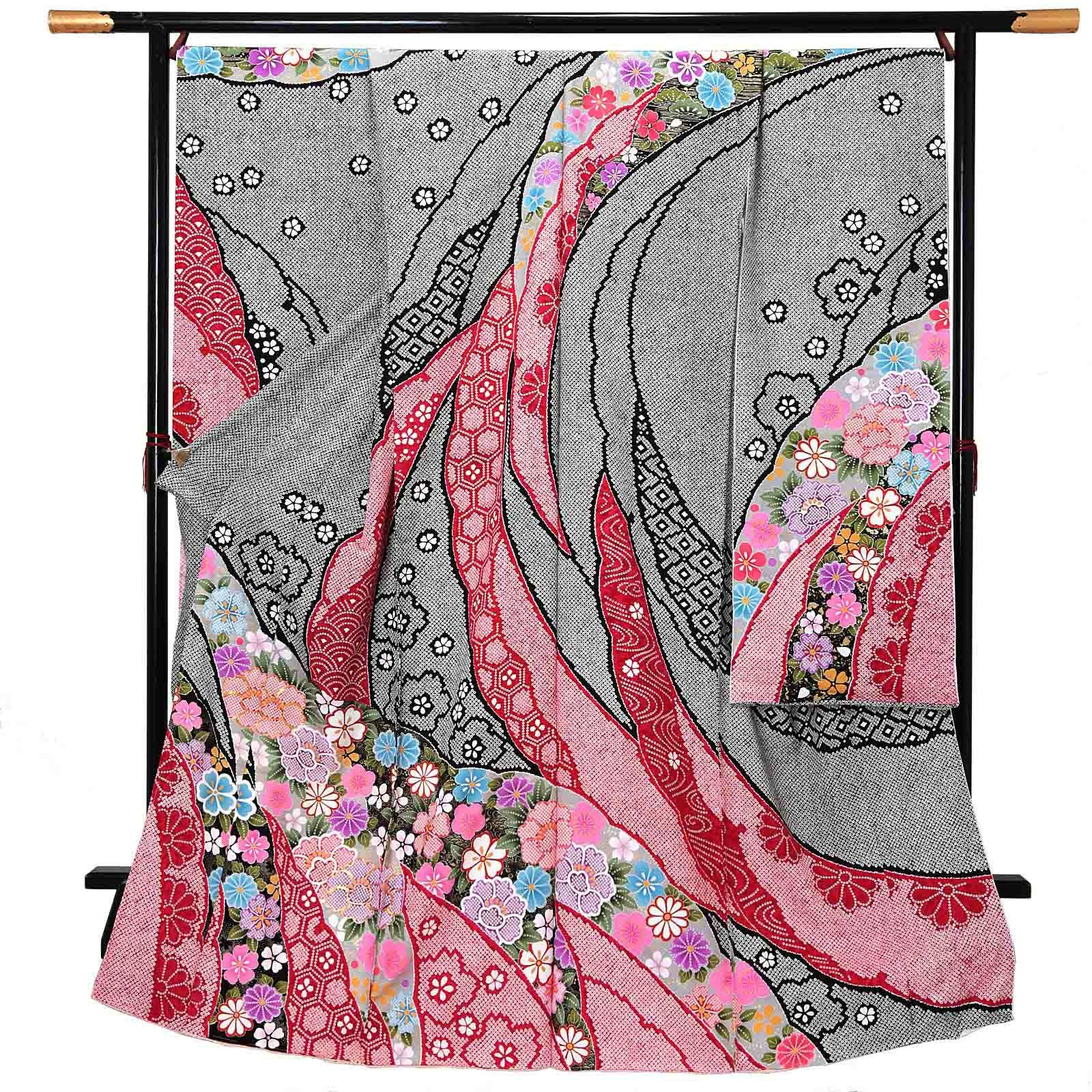 未仕立て 振袖 単品 「黒地　疋田、雪芝取りに牡丹」 仮絵羽 振り袖 正絹 着物 レディース 成人式 結婚式 結納 パーティー 晴れ着