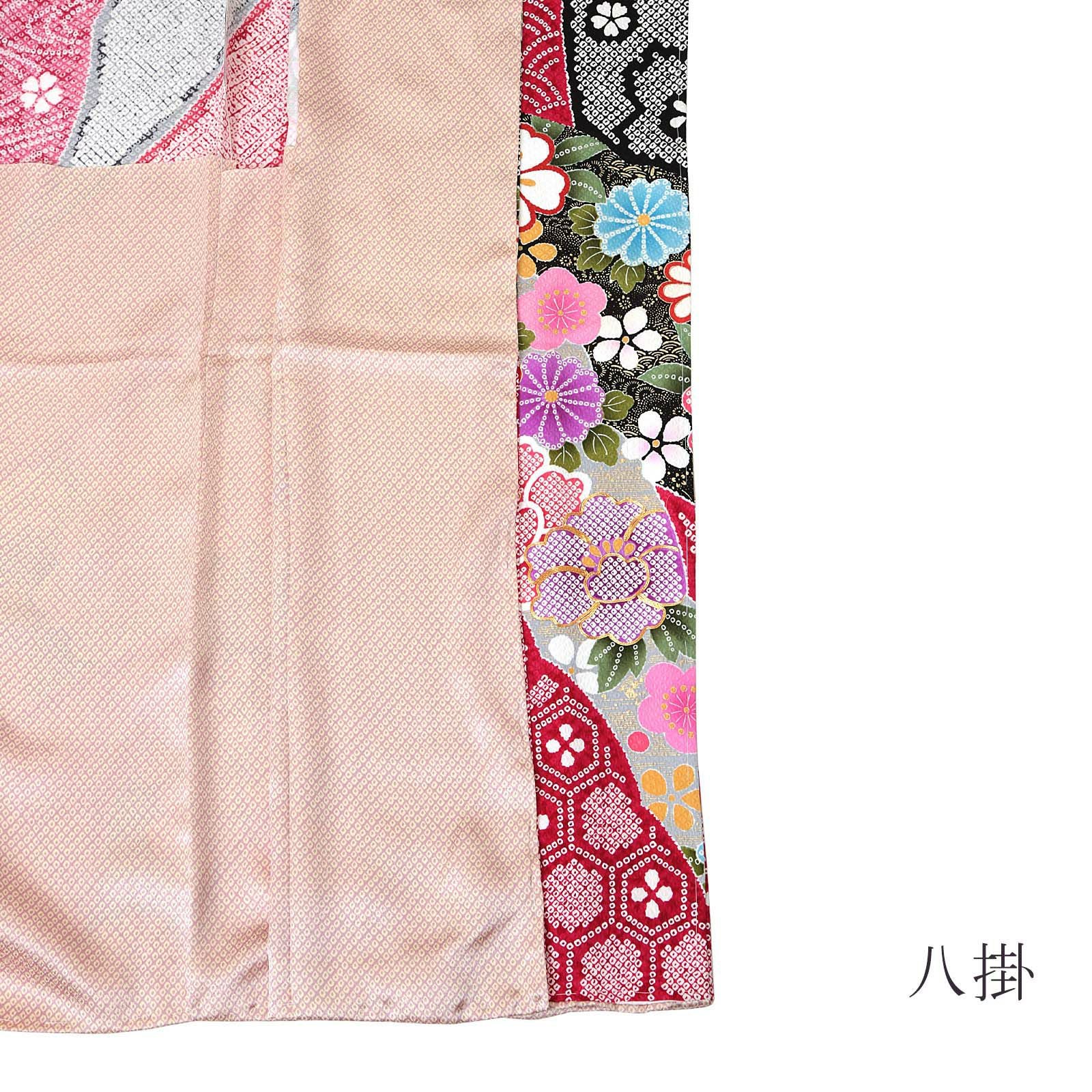 振袖単品　未仕立て品　正絹 未仕立て 振袖 単品 「黒地 疋田、雪芝取りに牡丹」 仮絵羽 振り袖
