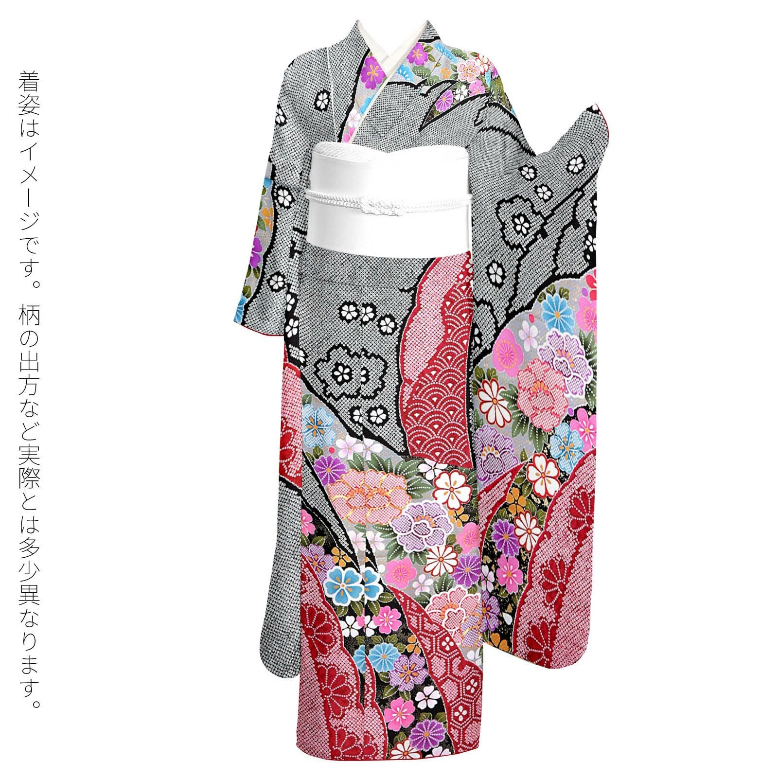 未仕立て 振袖 単品 「黒地 疋田、雪芝取りに牡丹」 仮絵羽 振り袖