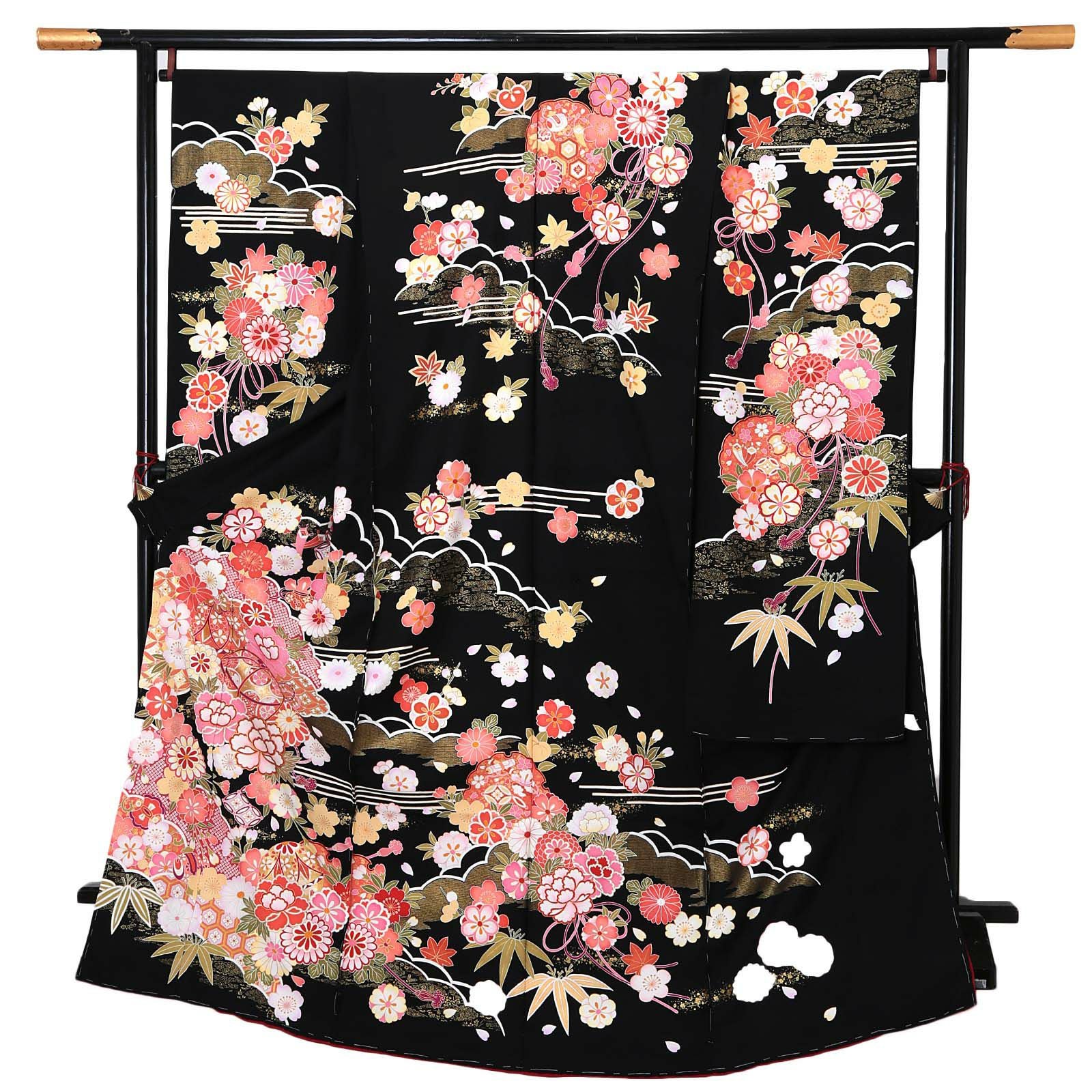 未仕立て 振袖 単品 「黒地　雪輪に手毬、牡丹」 仮絵羽 振り袖 正絹 着物 レディース 成人式 結婚式 結納 パーティー 晴れ着