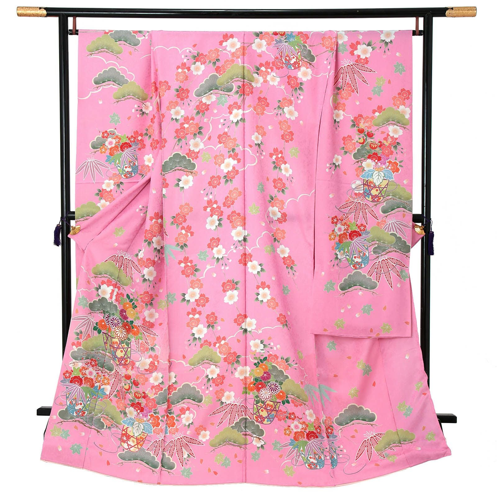 吉祥文様 ピンク地 振袖 未仕立て 新品 未仕立て 振袖 単品 「ピンク 松に桜、花籠」 仮絵羽 振り袖 正絹 着物