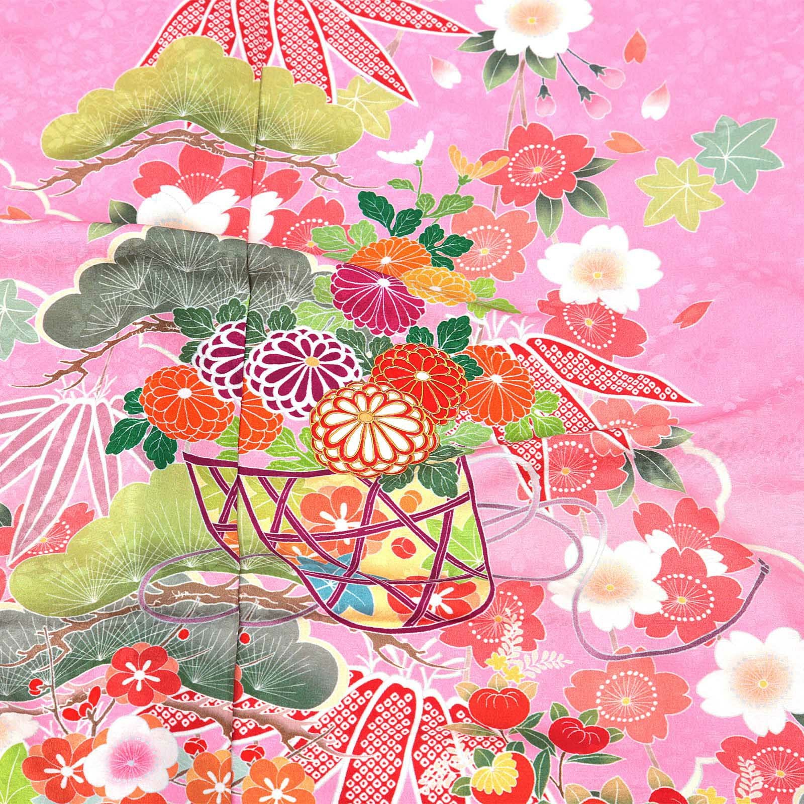 未仕立て 振袖 単品 「ピンク 松に桜、花籠」 仮絵羽 振り袖 正絹 着物