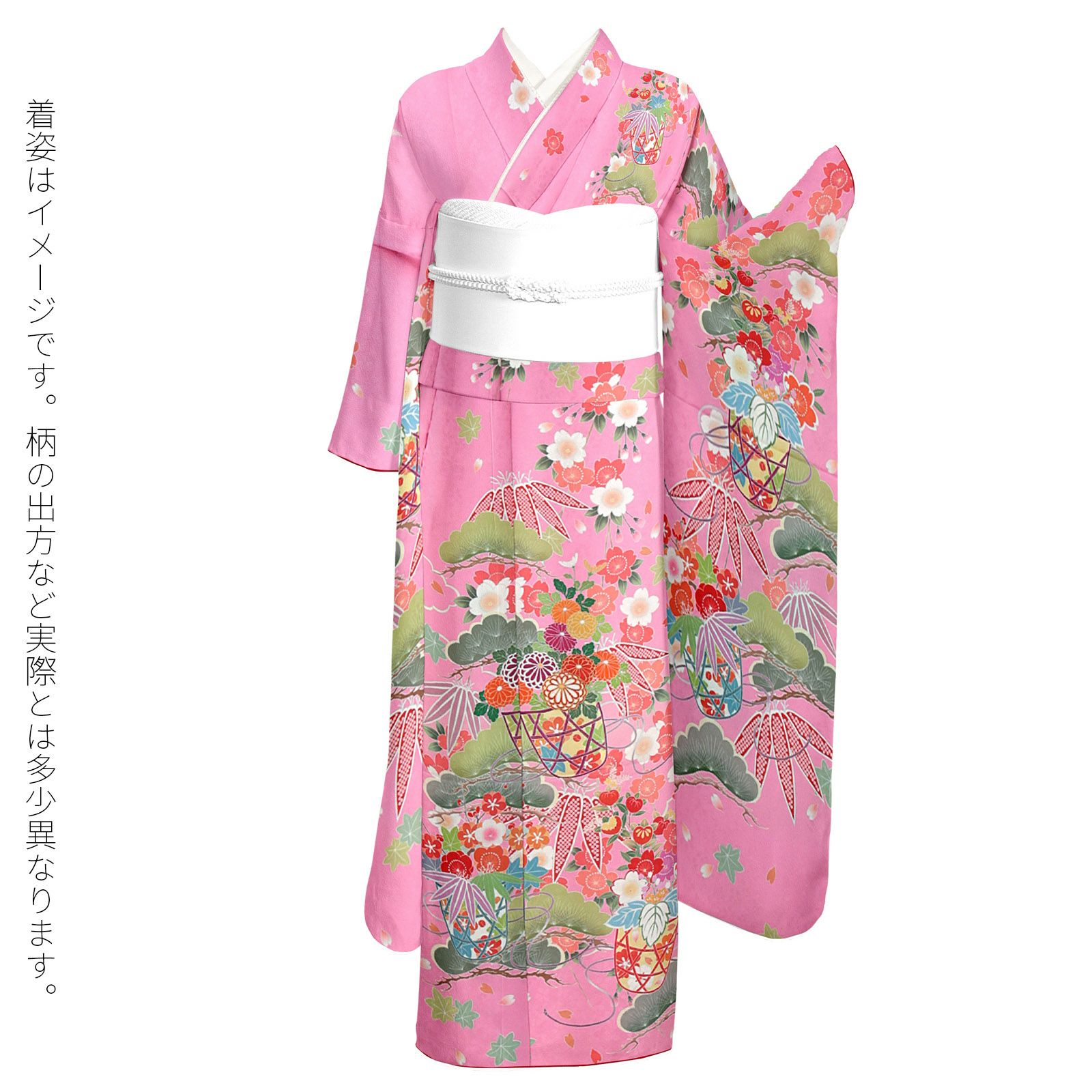 吉祥文様 ピンク地 振袖 未仕立て 新品 未仕立て 振袖 単品 「ピンク 松に桜、花籠」 仮絵羽 振り袖 正絹 着物