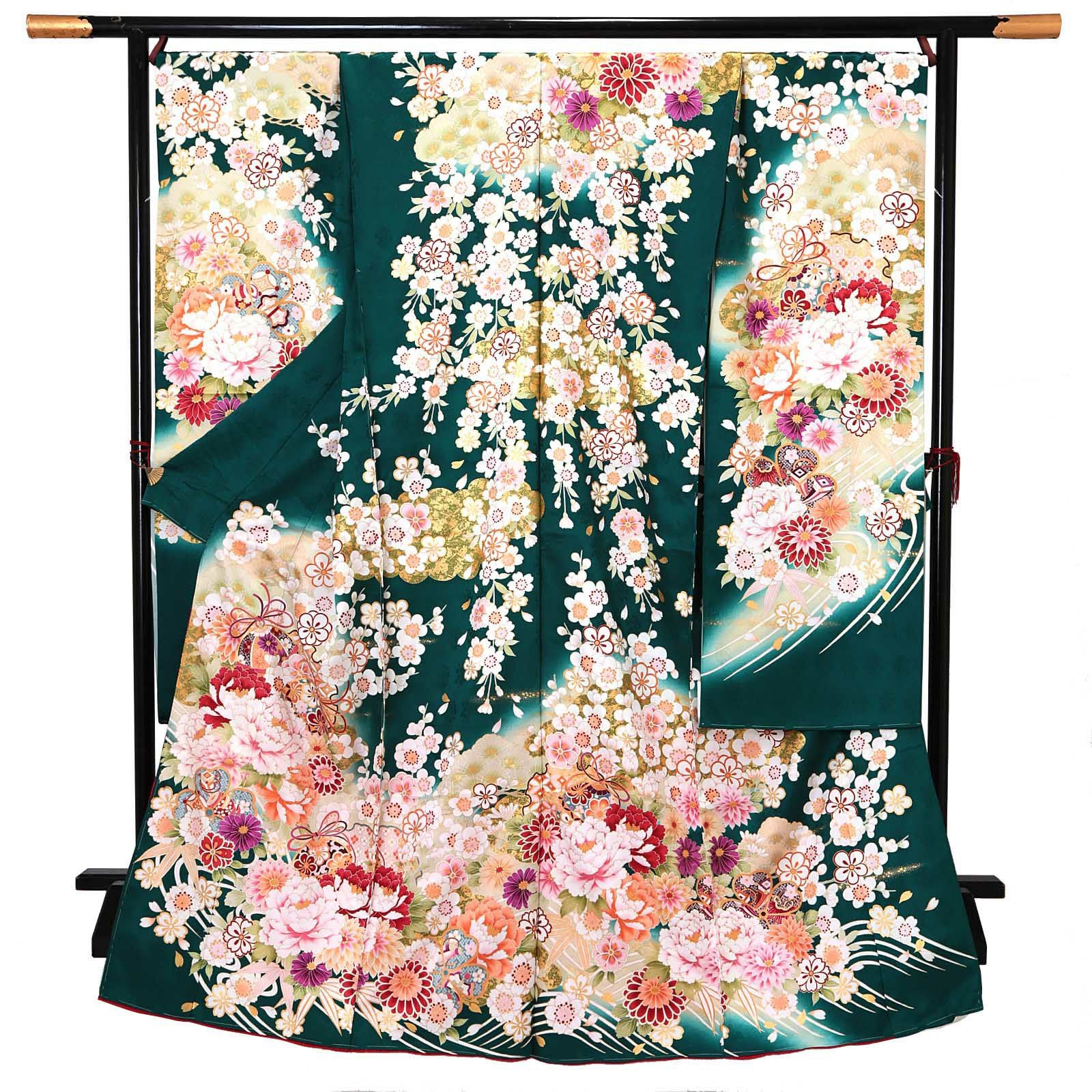 未仕立て 振袖 単品 「花緑青 牡丹、雪輪に鈴」 仮絵羽 振り袖 正絹