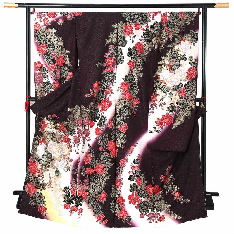 未仕立て 振袖 単品 「暗紫色　牡丹に桜」 仮絵羽 振り袖 正絹 着物 レディース 成人式 結婚式 結納 パーティー 晴れ着