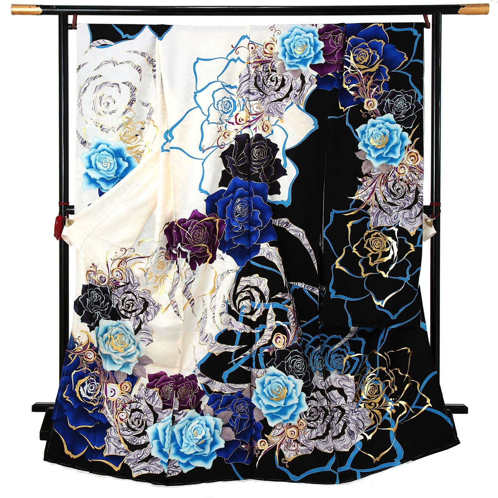 卒業式応援Point10倍 3/5迄)未仕立て 振袖 単品 「白×黒 青薔薇」 仮絵
