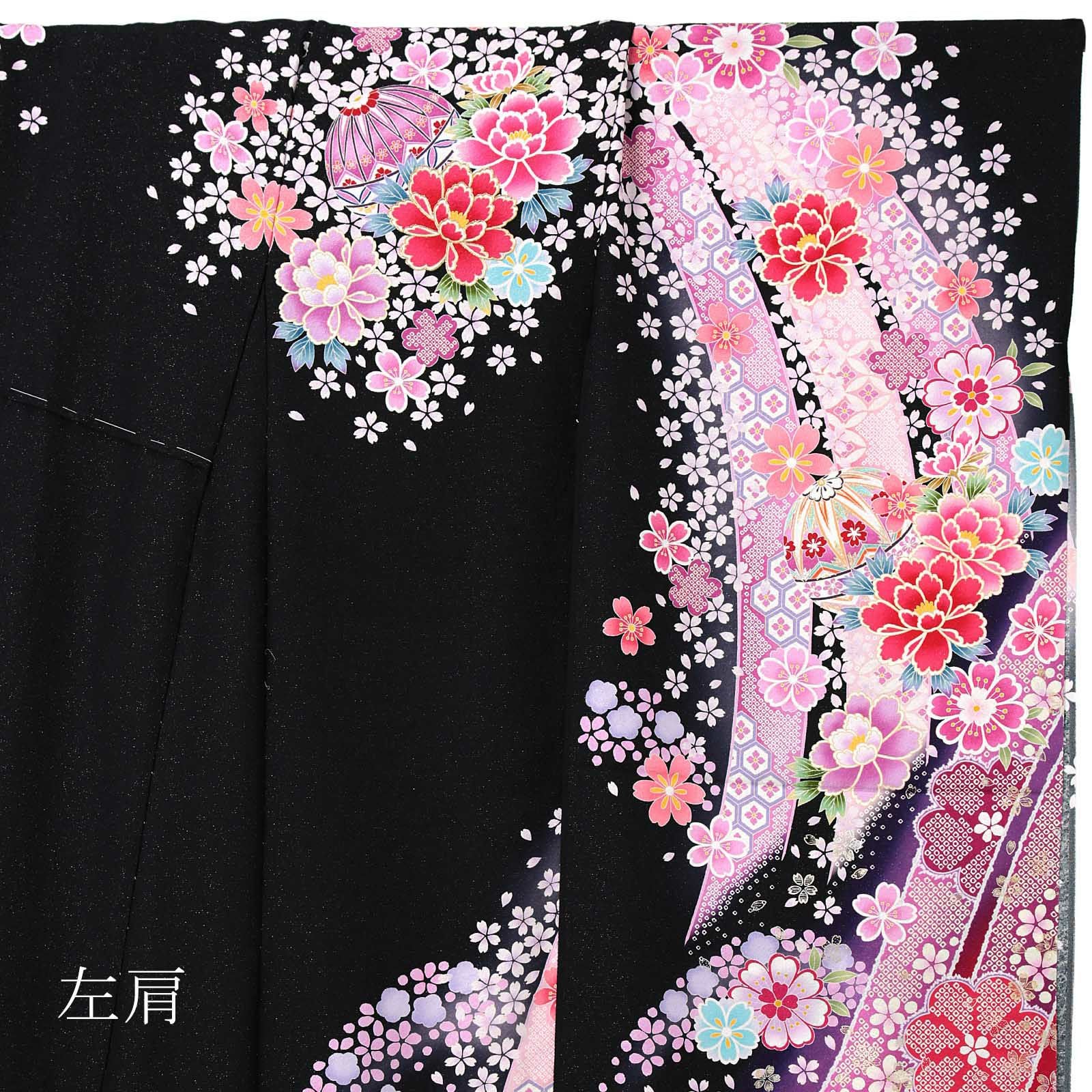 未仕立て 振袖 単品 「黒地 熨斗に桜、牡丹に手毬」 仮絵羽 振り袖