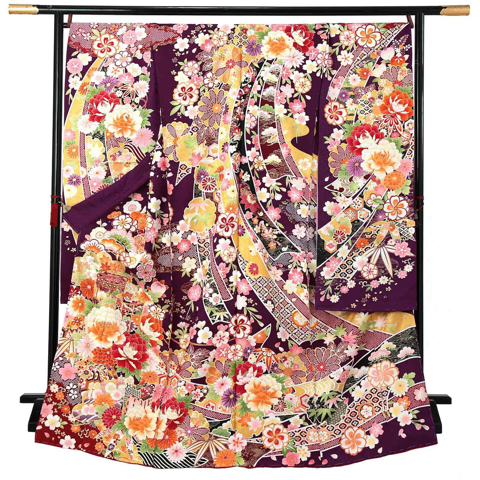 卒業式応援Point10倍 3/5迄)未仕立て 振袖 単品 「深紫色 熨斗に牡丹