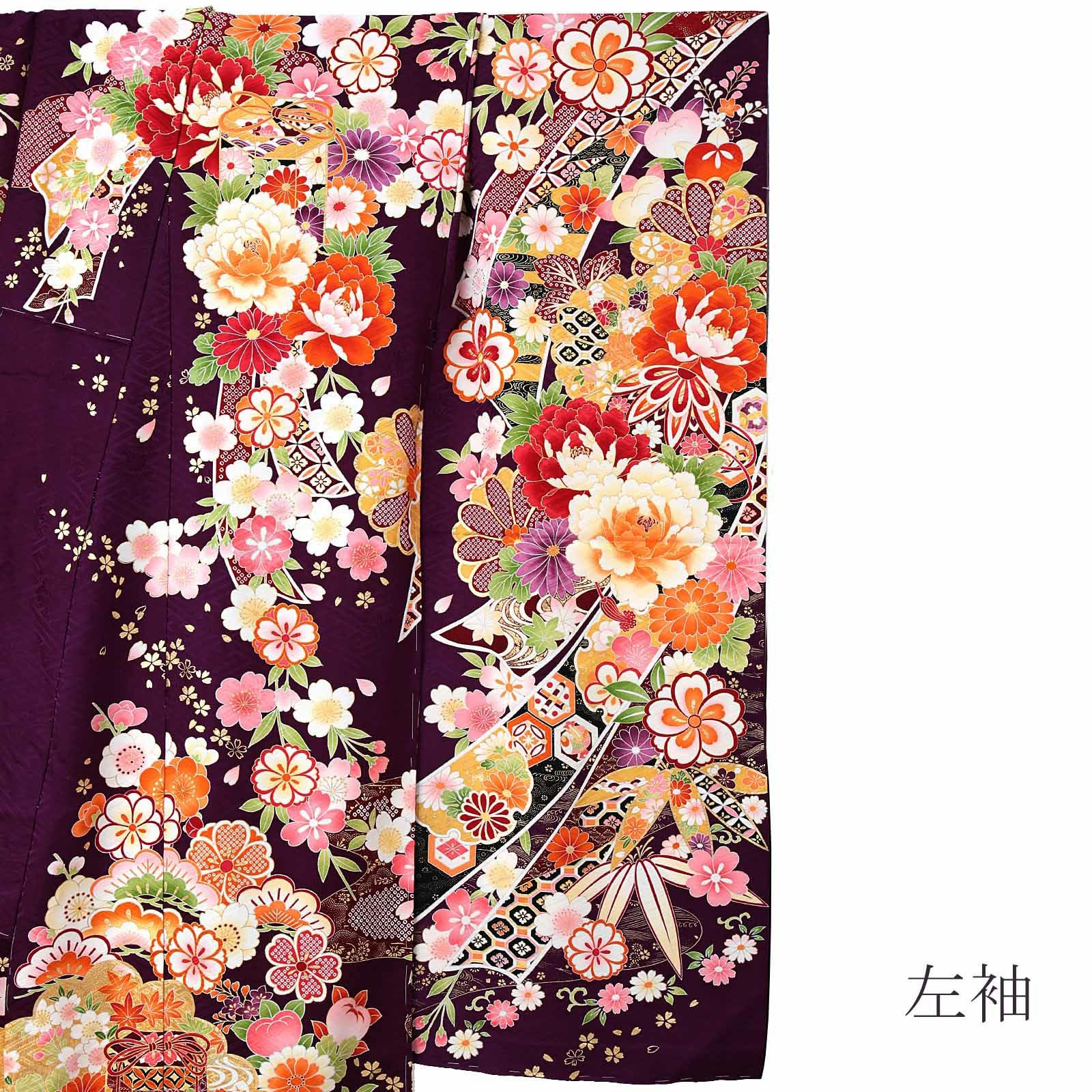 Sura 未仕立て 正絹 茶 大牡丹 吉祥花々 振袖 身丈176 未仕立て 振袖 単品 「深紫色 熨斗に牡丹、貝桶」 仮絵羽 振り袖 正絹