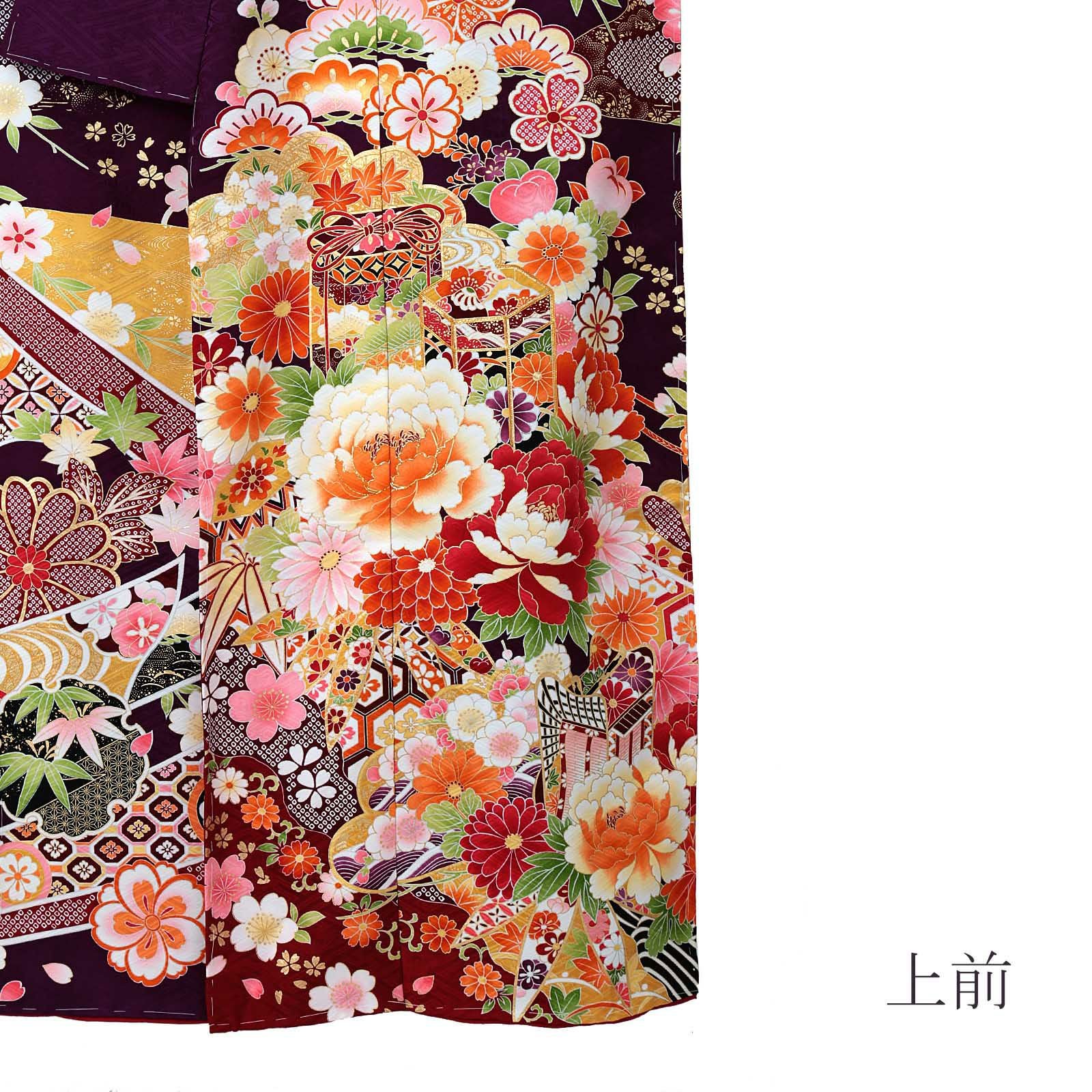 未仕立て 振袖 単品 「深紫色 熨斗に牡丹、貝桶」 仮絵羽 振り袖 正絹