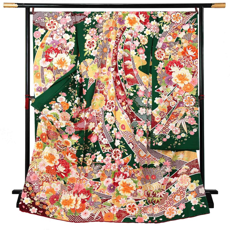 未仕立て 振袖 単品 「常盤色　熨斗に牡丹、貝桶」 仮絵羽 振り袖 正絹 着物 レディース 成人式 結婚式 結納 パーティー 晴れ着