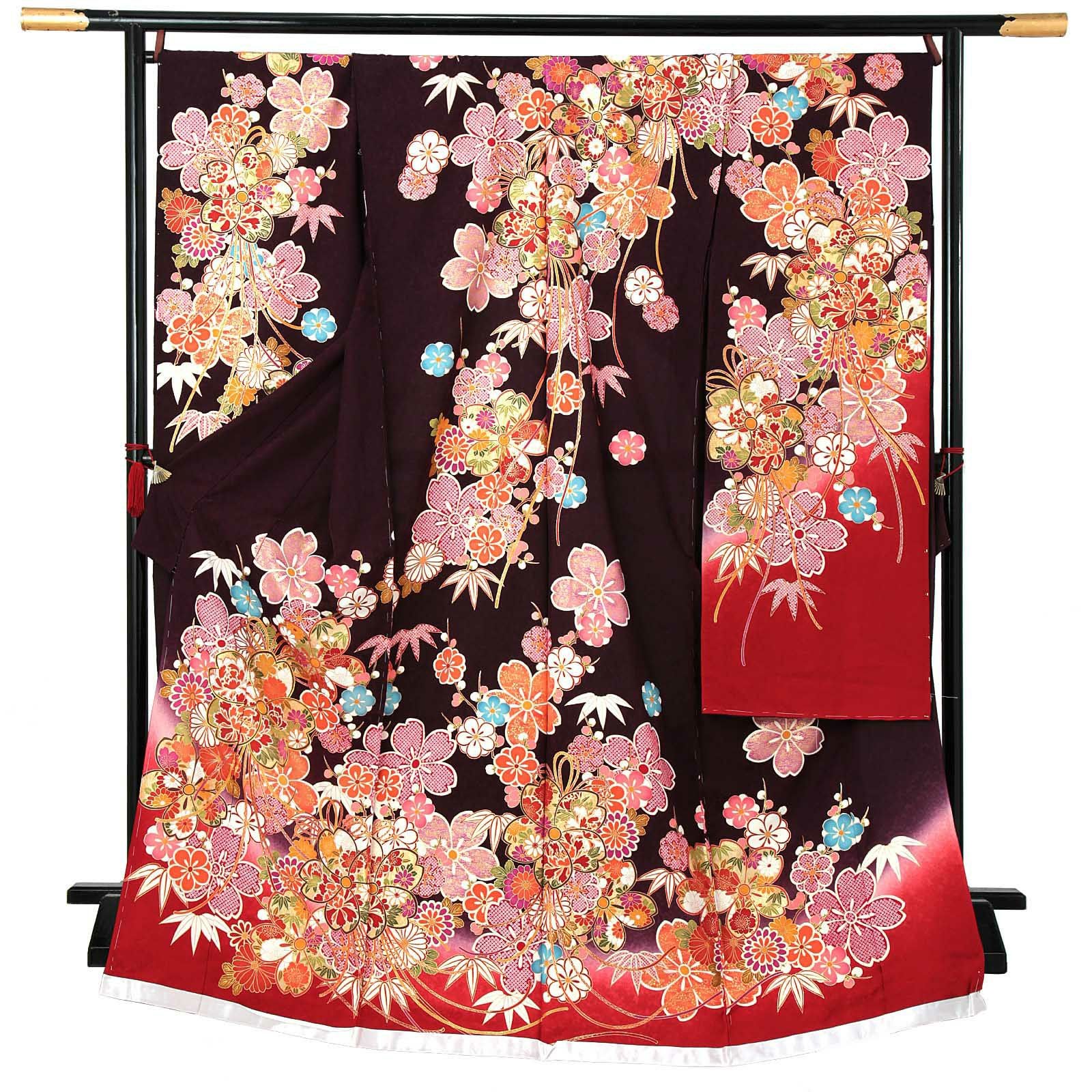 未仕立て 振袖 単品 「葡萄茶色　桜薬玉、枝梅」 仮絵羽 振り袖 正絹 着物 レディース 成人式 結婚式 結納 パーティー 晴れ着