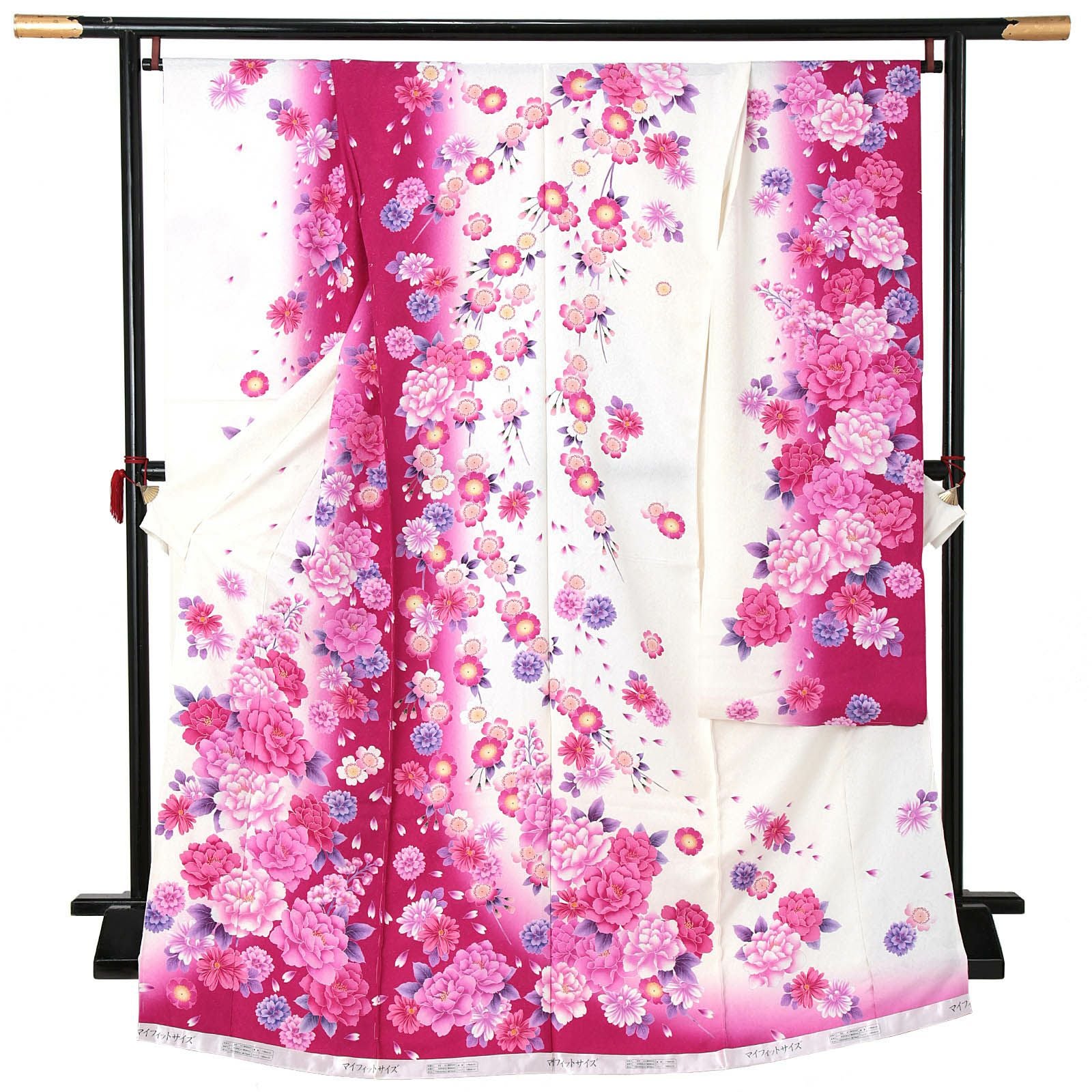 未仕立て 振袖 単品 「白×赤紫　牡丹」 仮絵羽 振り袖 正絹 着物 レディース 成人式 結婚式 結納 パーティー 晴れ着