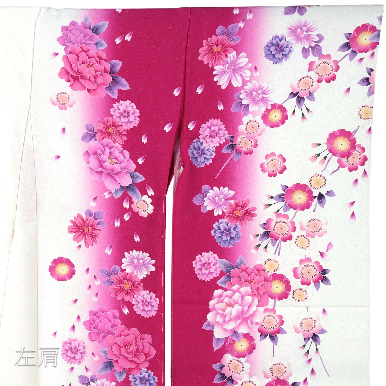 正絹振袖、仮絵羽未仕立てです。 未仕立て 振袖 単品 「白×赤紫 牡丹」 仮絵羽 振り袖 正絹 着物