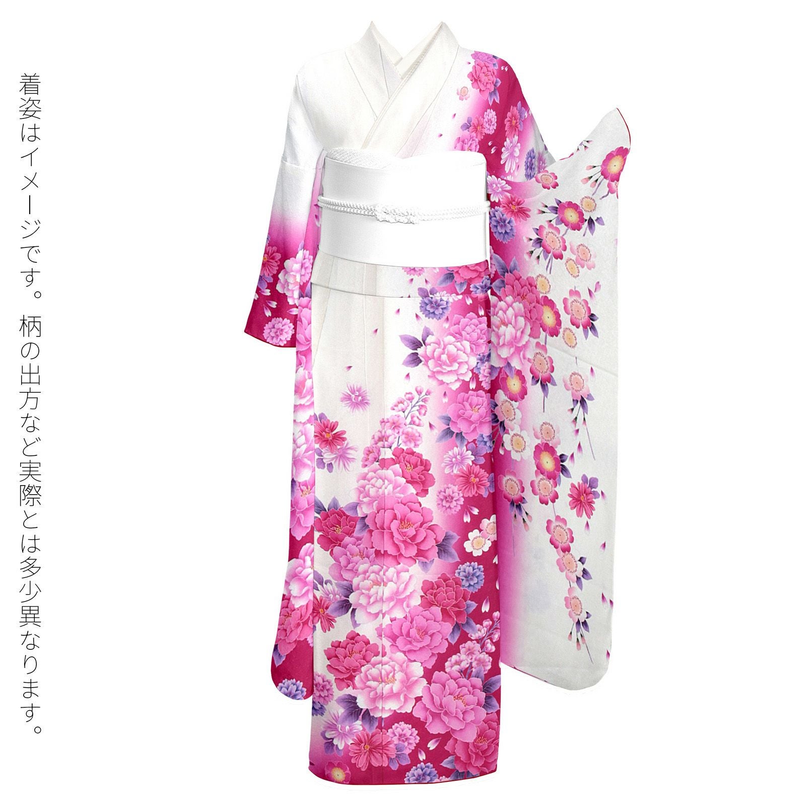 卒業式応援Point10倍 3/5迄)未仕立て 振袖 単品 「白×赤紫 牡丹」 仮絵