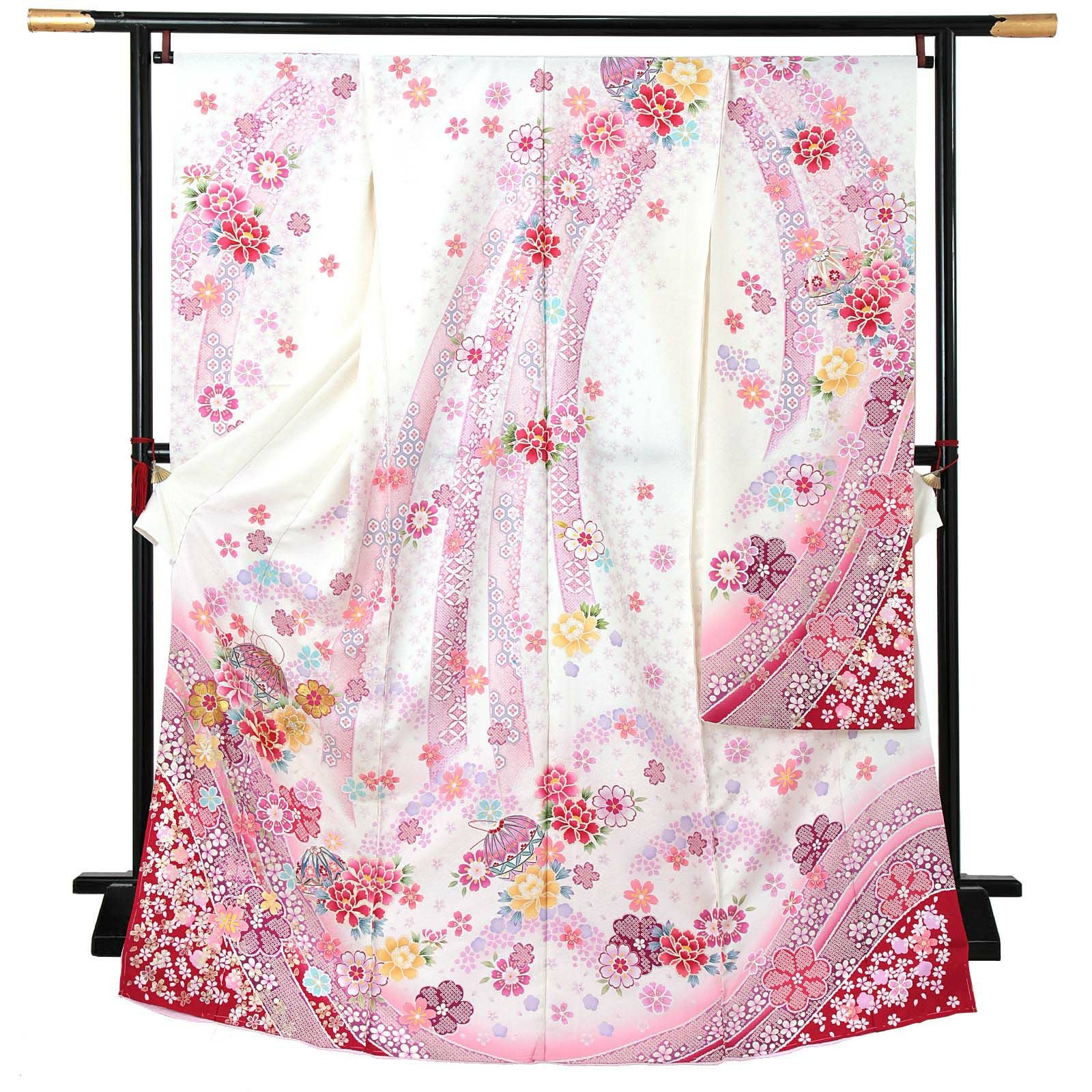 未仕立て 振袖 単品 「黒地　熨斗に桜、牡丹に手毬」 仮絵羽 振り袖 正絹 着物 レディース 成人式 結婚式 結納 パーティー 晴れ着