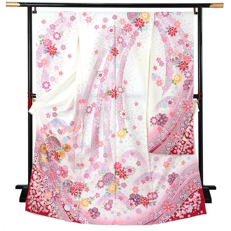 未仕立て 振袖 単品 「黒地　熨斗に桜、牡丹に手毬」 仮絵羽 振り袖 正絹 着物 レディース 成人式 結婚式 結納 パーティー 晴れ着